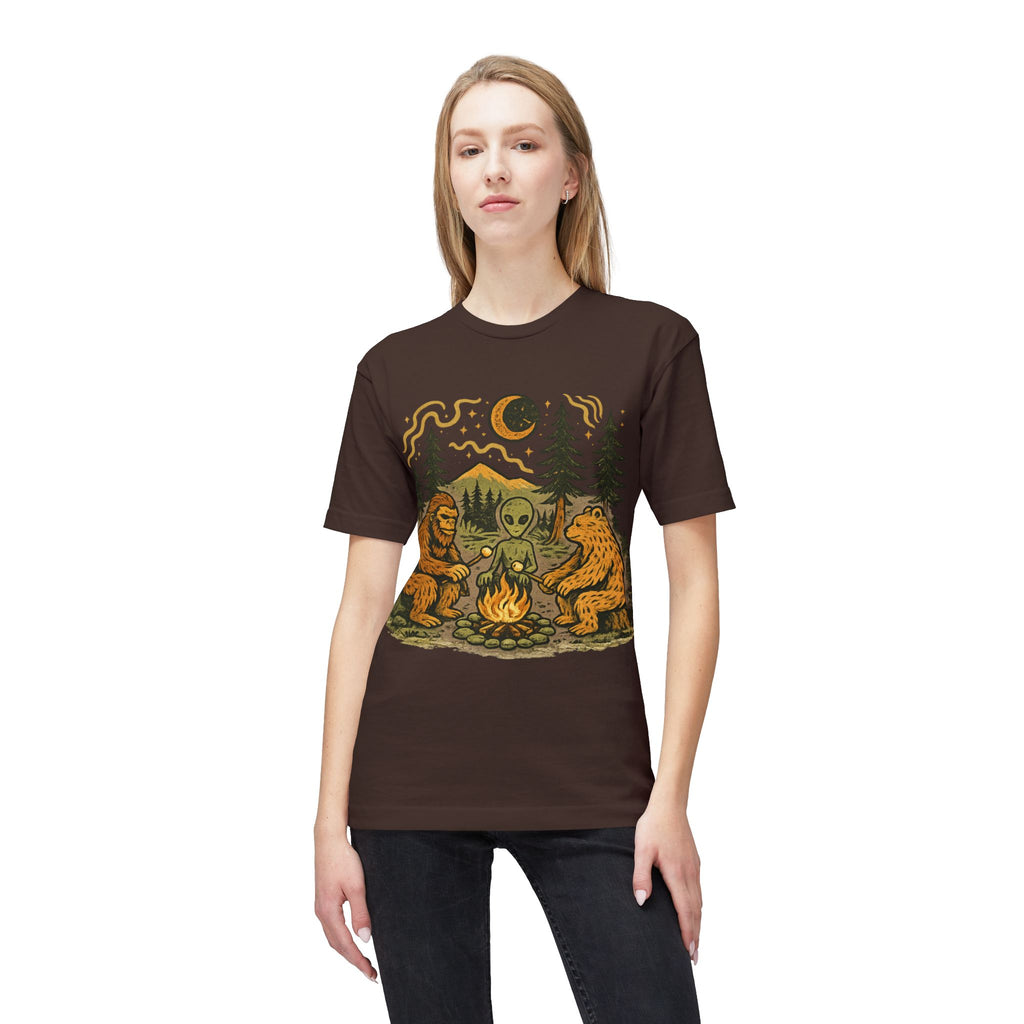 Alien Campfire Tee — Bigfoot & Bear Night Camp Graphic T-Shirt