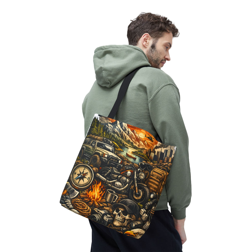 Adventure Motorcycle Tote Bag — Campfire Road Trip All-Over Print