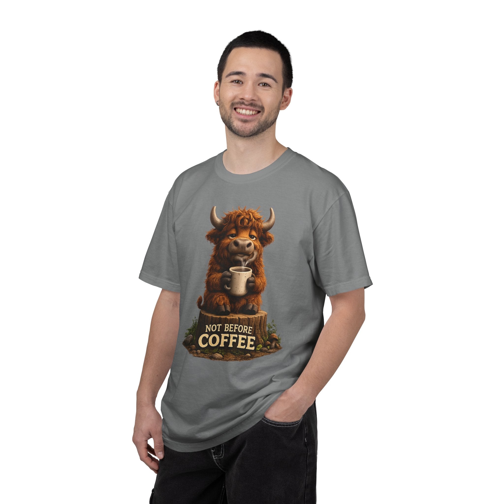 T-Shirt — Cute Highland Cow 'Not Before Coffee' Graphic Tee