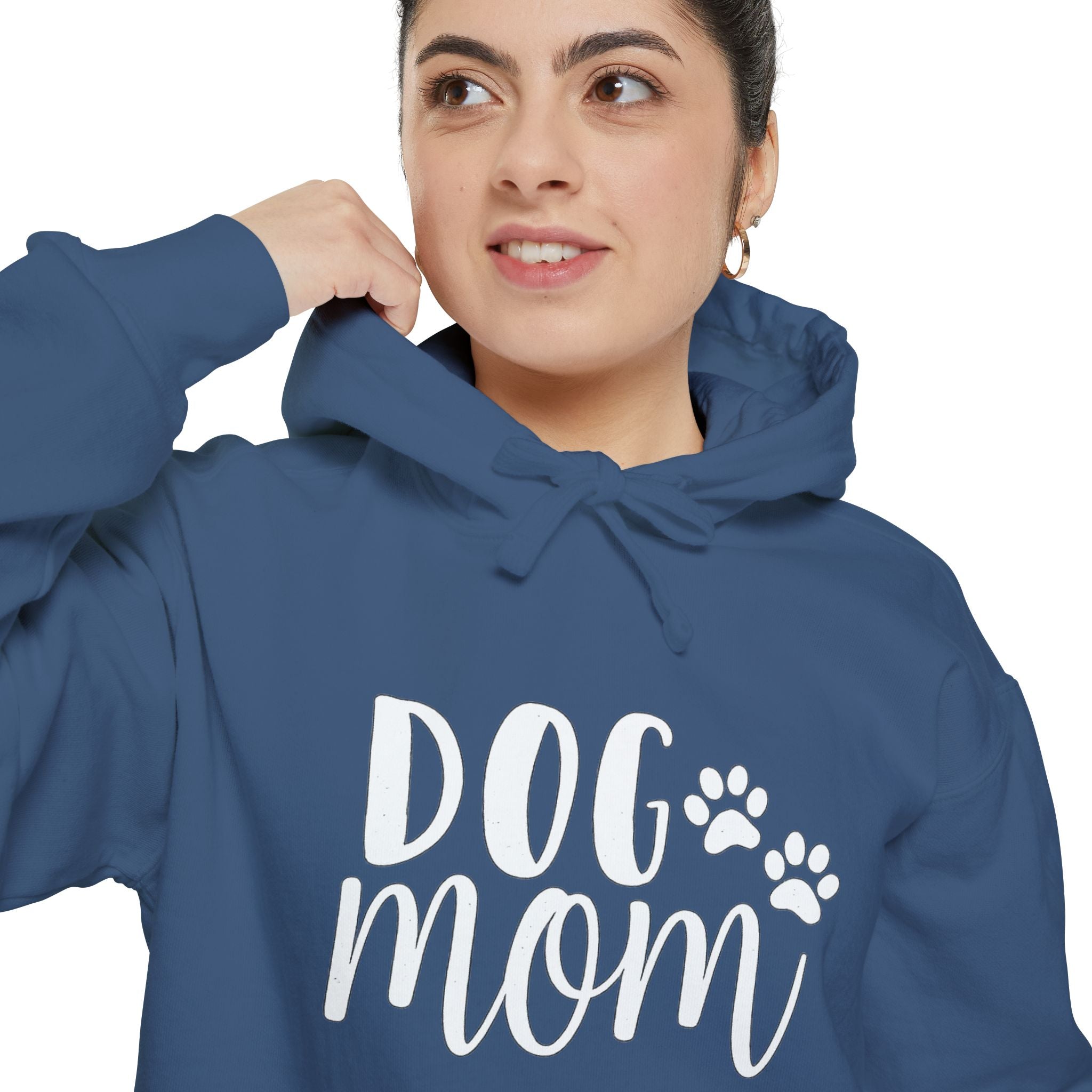 Dog Mom Hoodie — Cozy Garment-Dyed Pullover with Paw Print Script