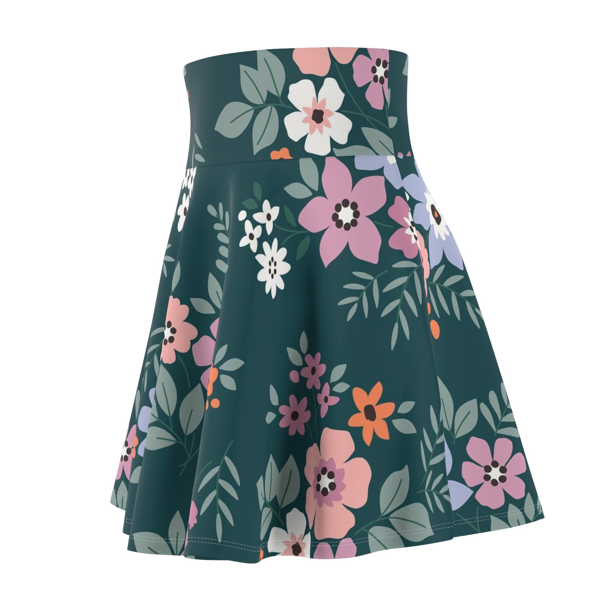Floral Teal Skater Skirt — Pink & Peach Blossom AOP