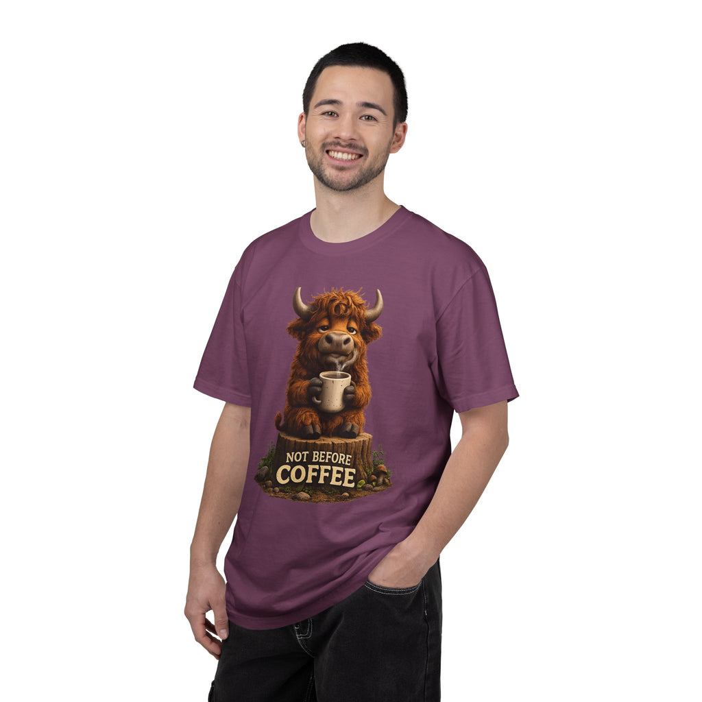 T-Shirt — Cute Highland Cow 'Not Before Coffee' Graphic Tee