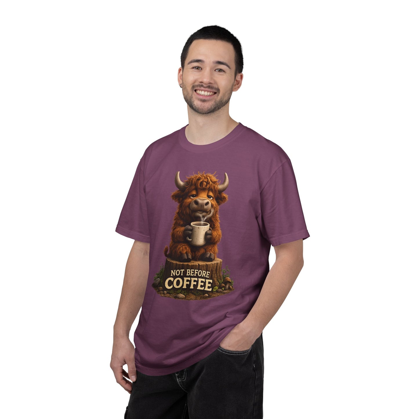 T-Shirt — Cute Highland Cow 'Not Before Coffee' Graphic Tee