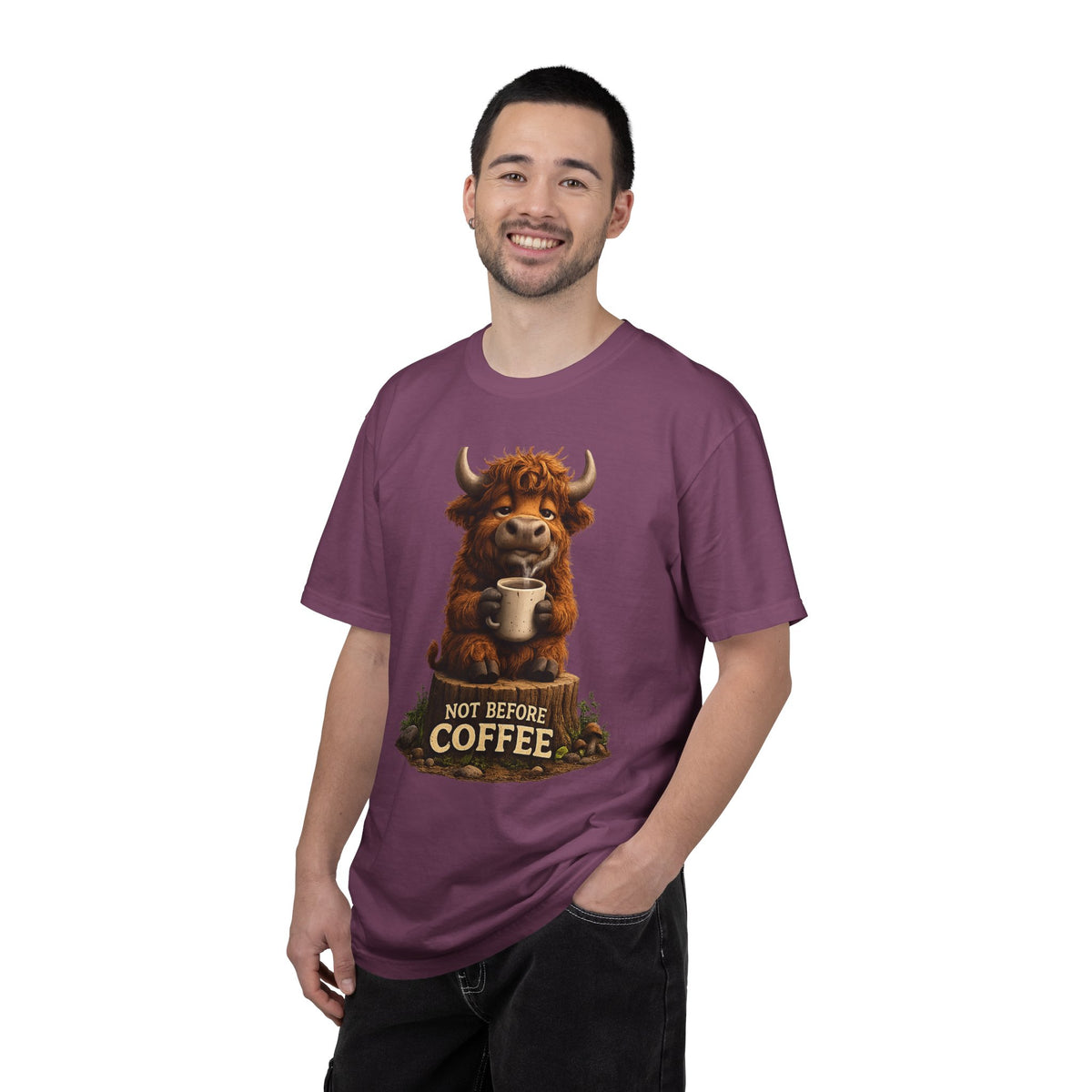 T-Shirt — Cute Highland Cow 'Not Before Coffee' Graphic Tee