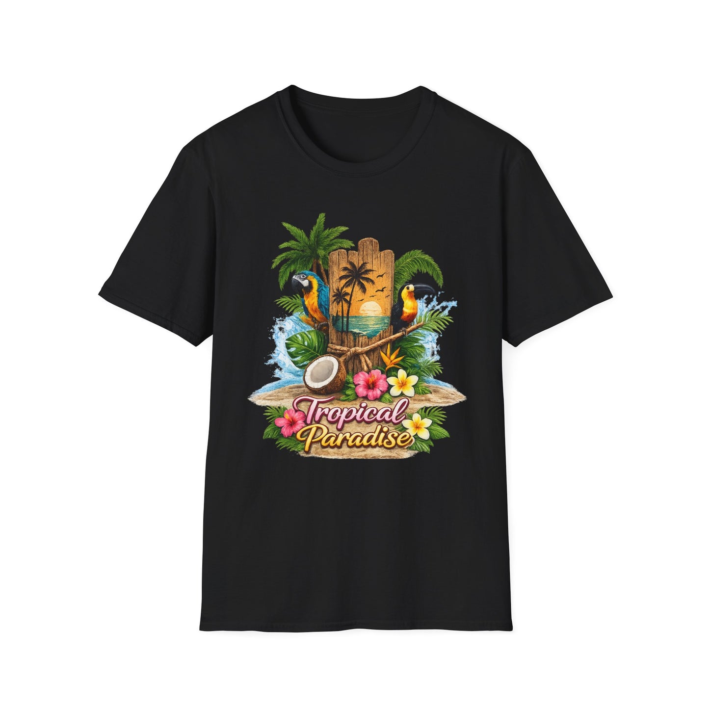 T-Shirt — Tropical Paradise Parrots Beach Graphic Tee