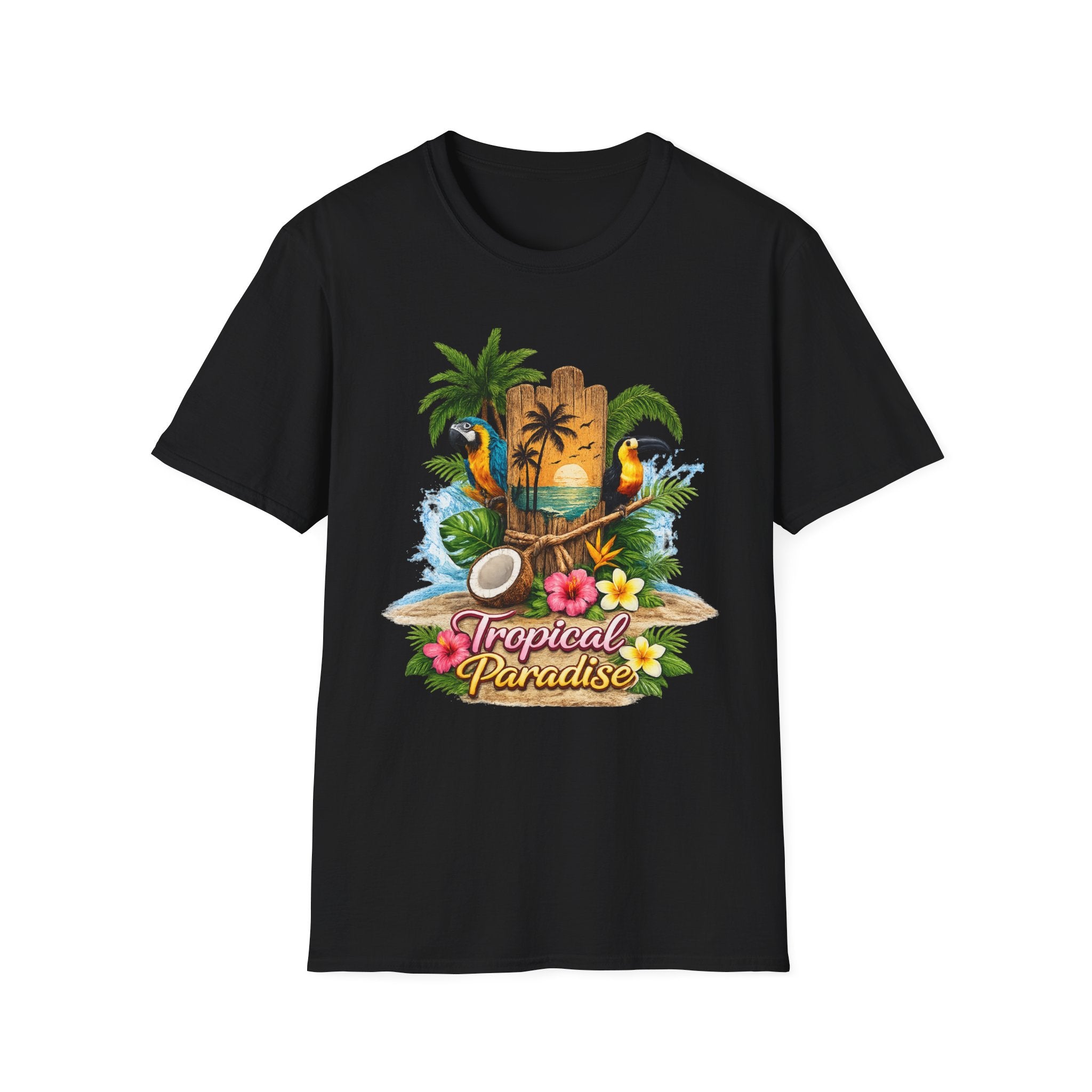 T-Shirt — Tropical Paradise Parrots Beach Graphic Tee