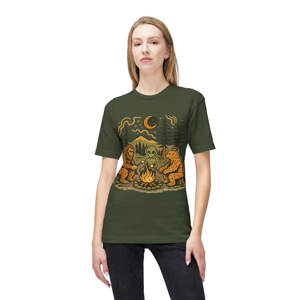 Alien Campfire Tee — Bigfoot & Bear Night Camp Graphic T-Shirt