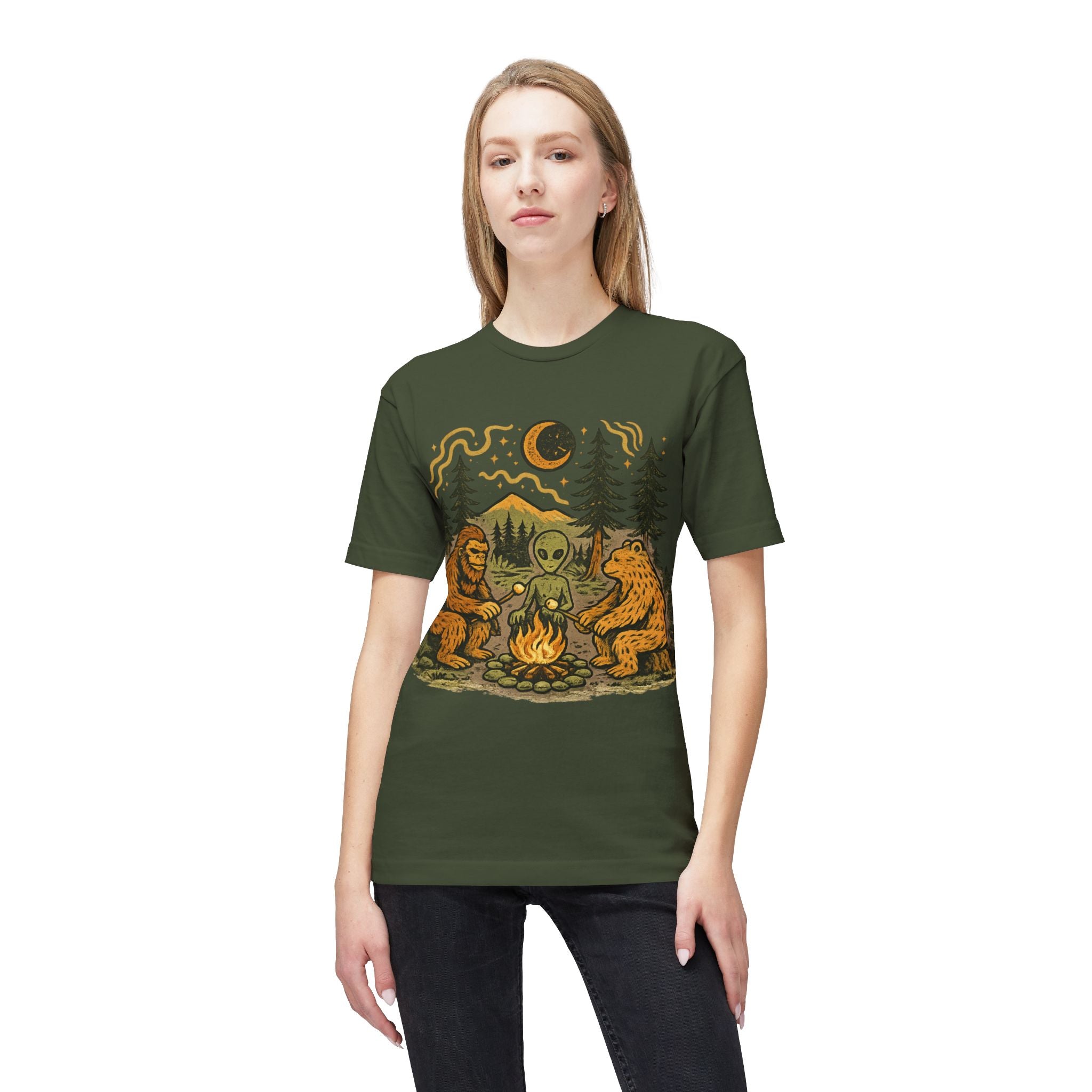 Alien Campfire Tee — Bigfoot & Bear Night Camp Graphic T-Shirt