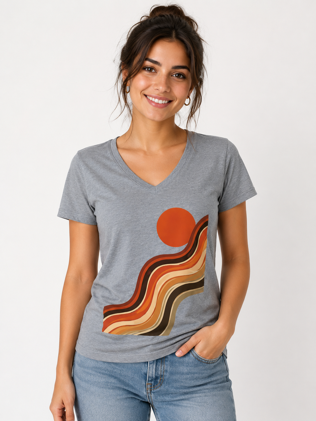 Women's V-Neck Tee — Retro Sunset Wave Graphic