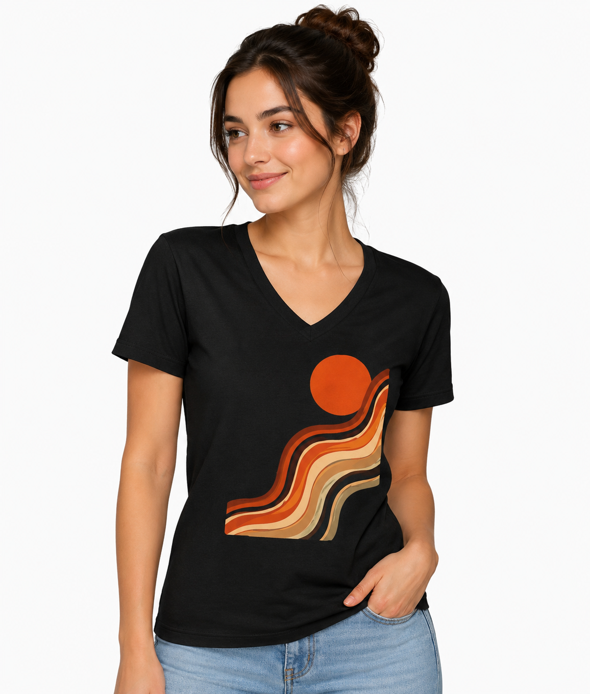Women's V-Neck Tee — Retro Sunset Wave Graphic