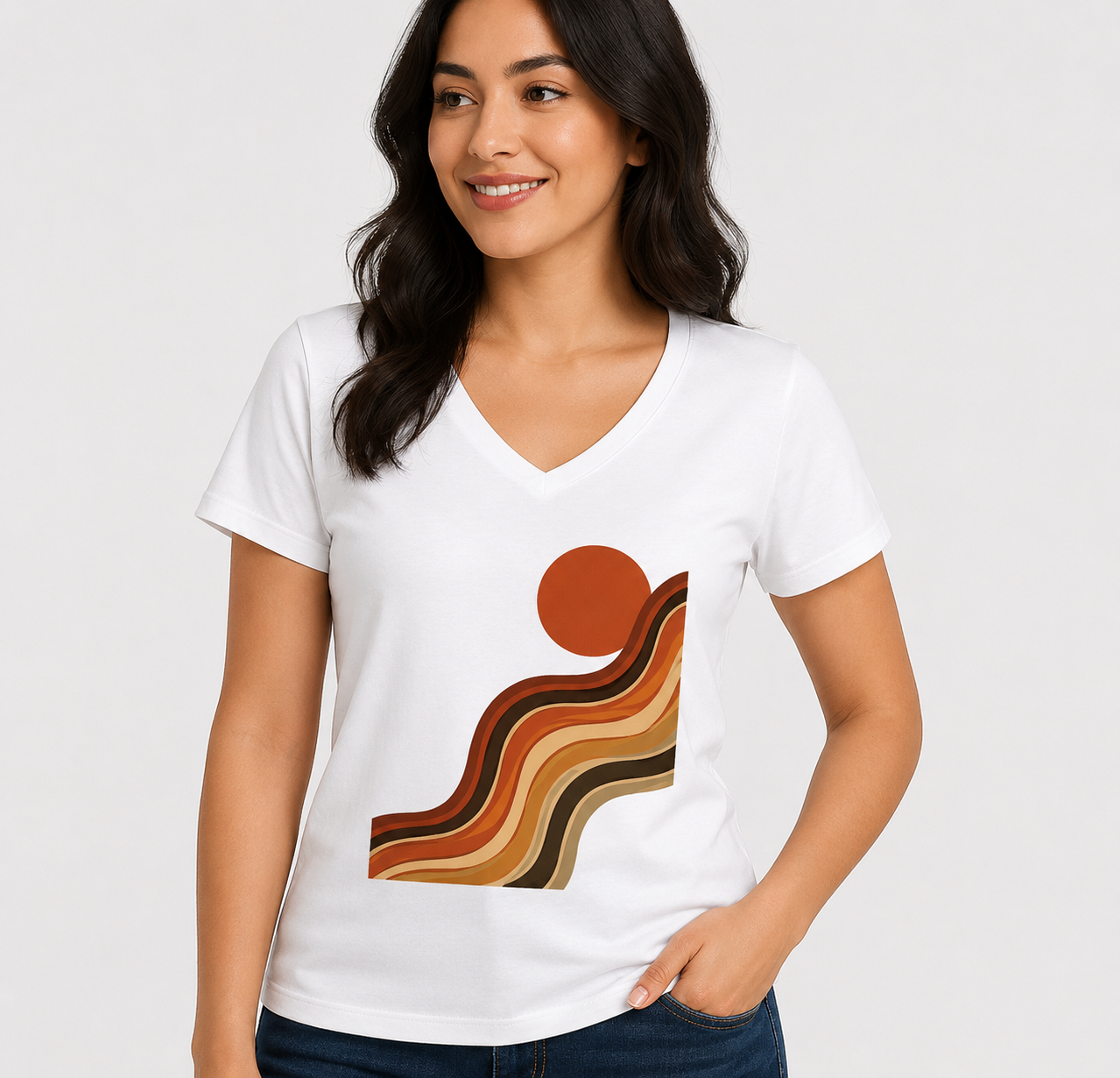 Women's V-Neck Tee — Retro Sunset Wave Graphic