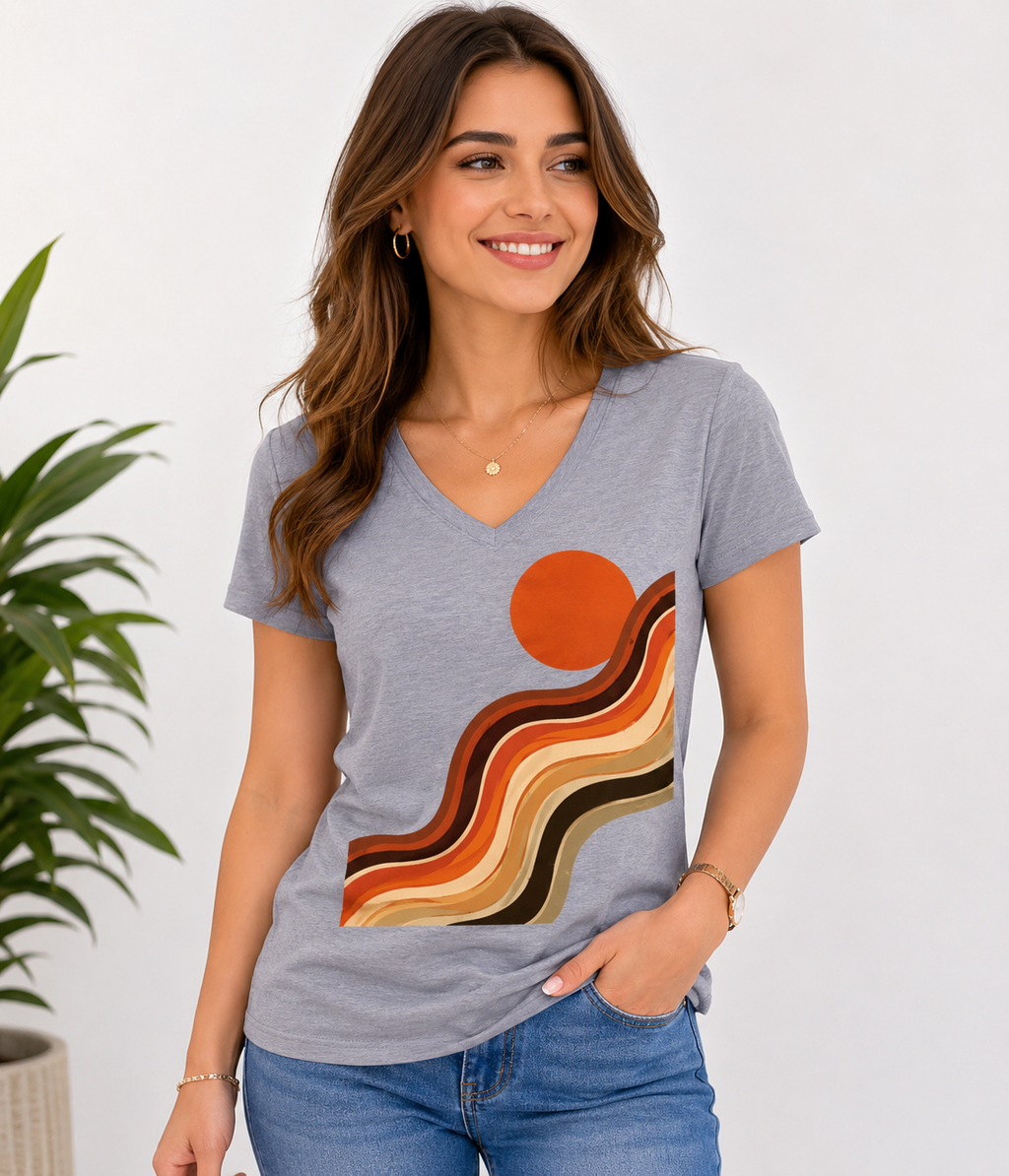Women's V-Neck Tee — Retro Sunset Wave Graphic