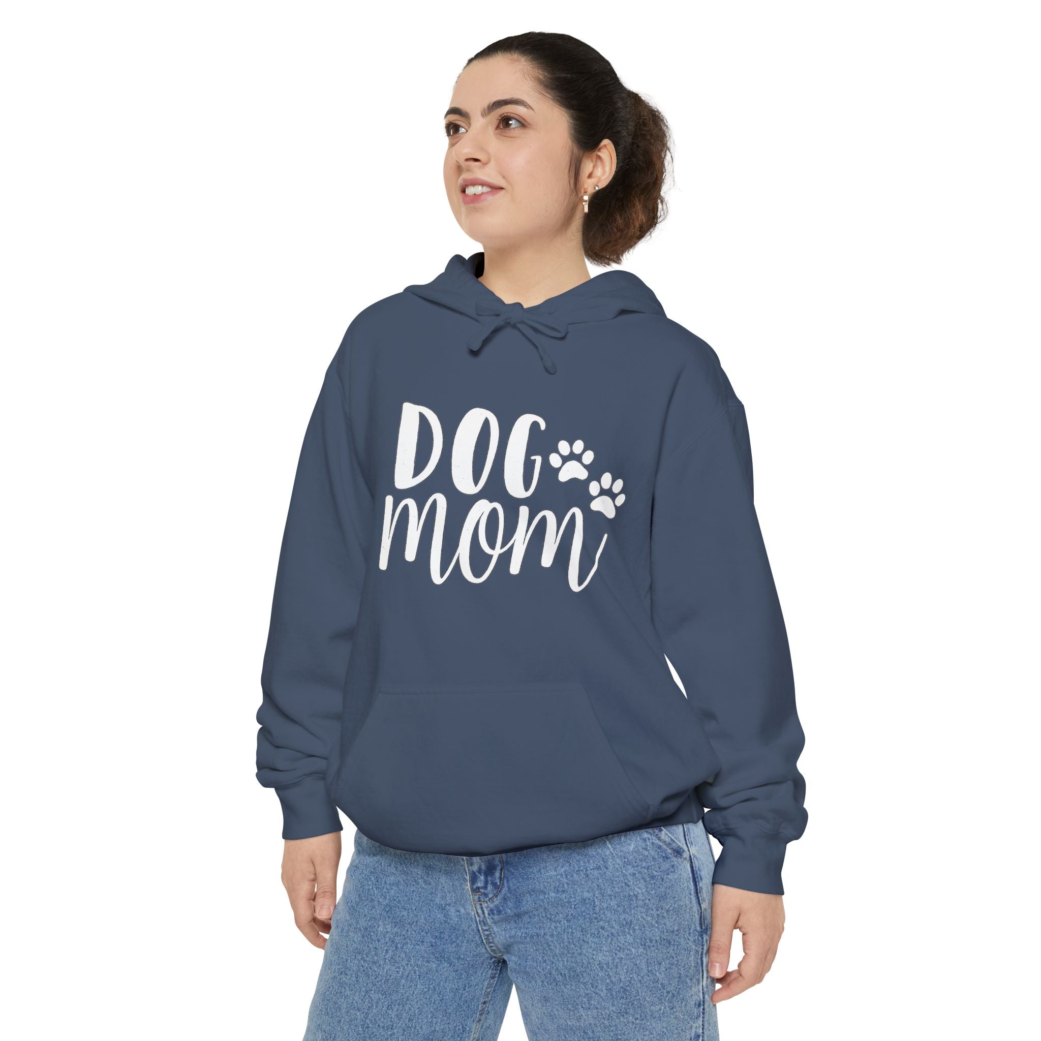 Dog Mom Hoodie — Cozy Garment-Dyed Pullover with Paw Print Script