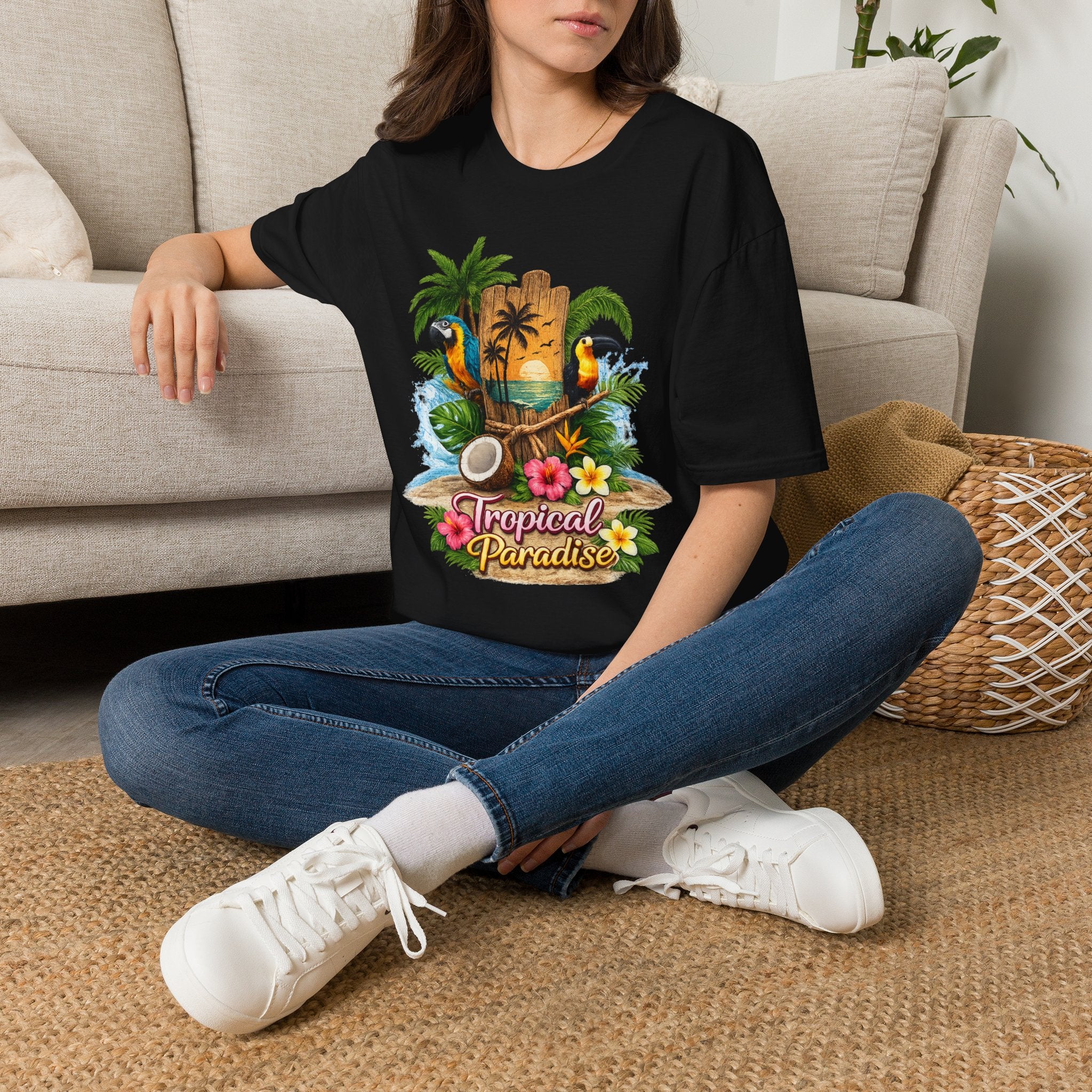 T-Shirt — Tropical Paradise Parrots Beach Graphic Tee