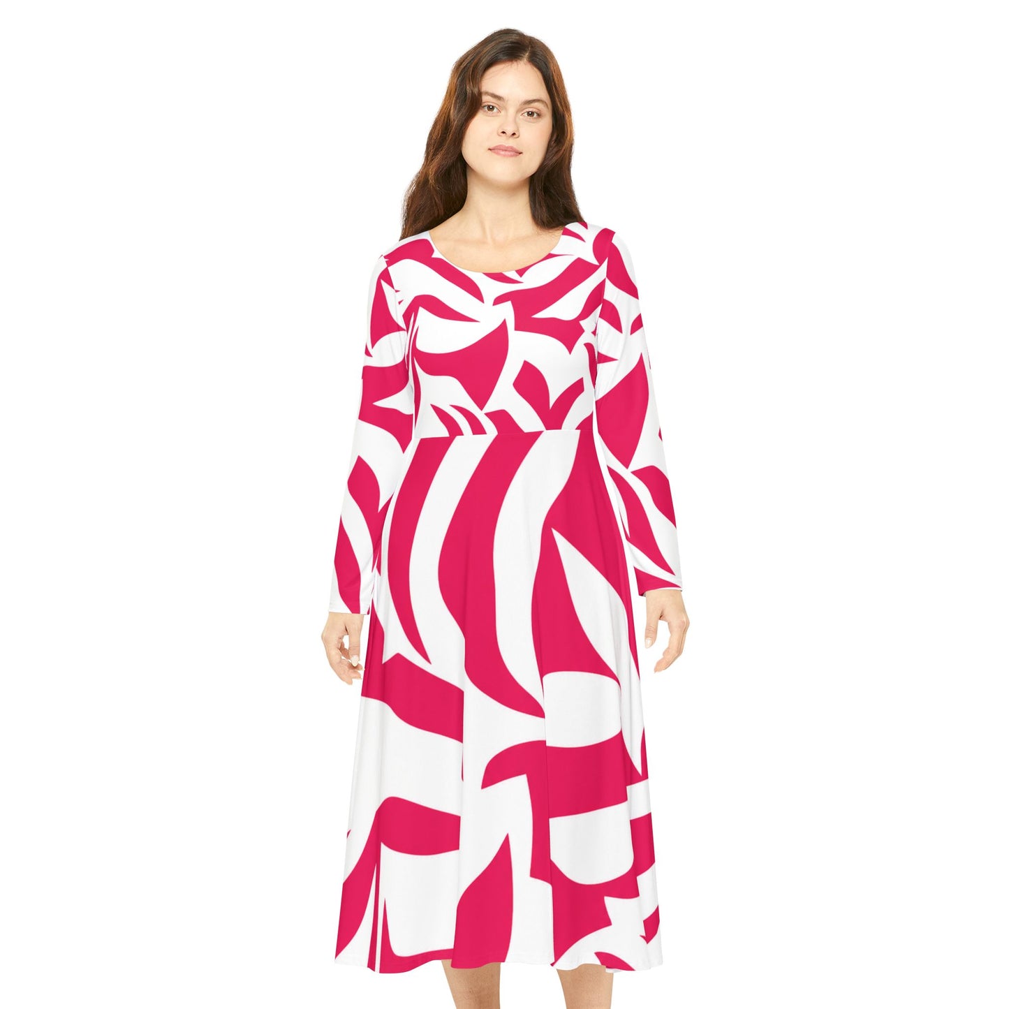 Pink Abstract Floral Dance Dress — Women's Long Sleeve Twirl Dress