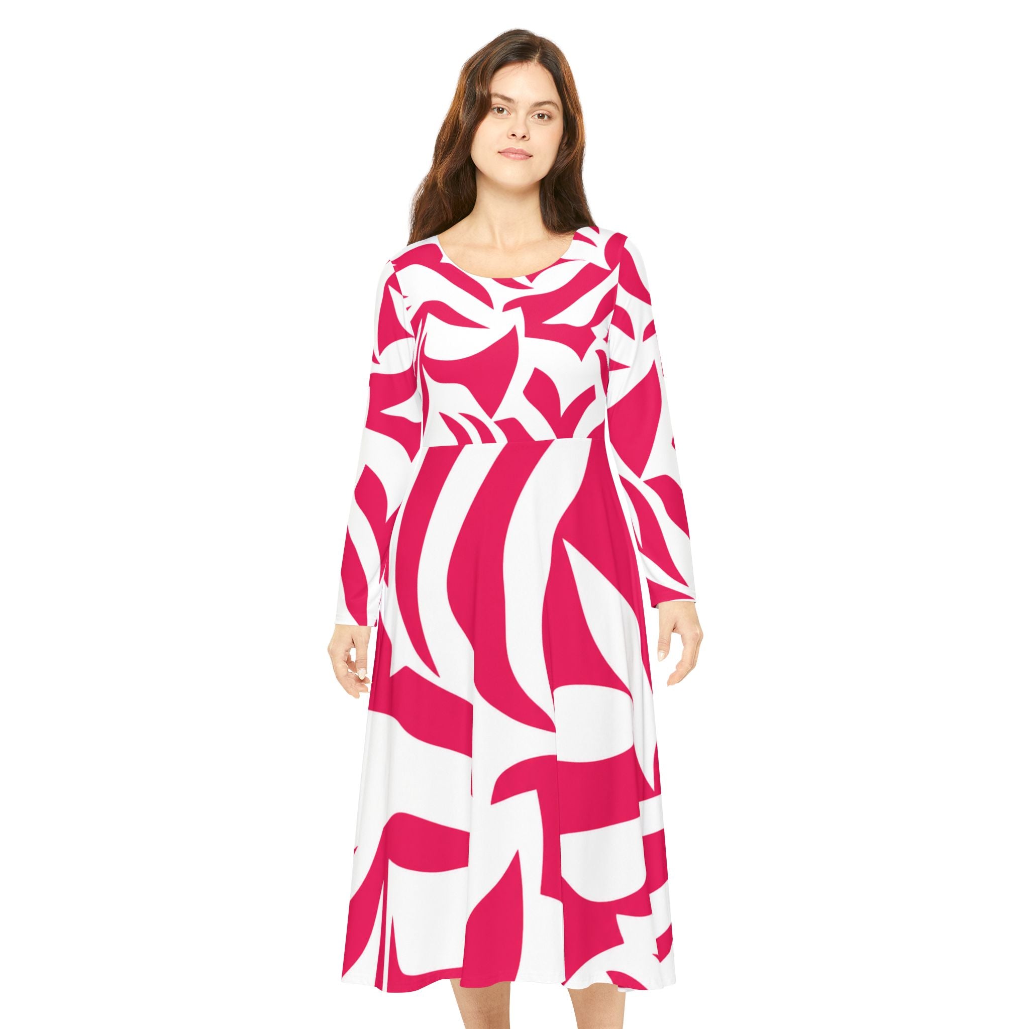 Pink Abstract Floral Dance Dress — Women's Long Sleeve Twirl Dress