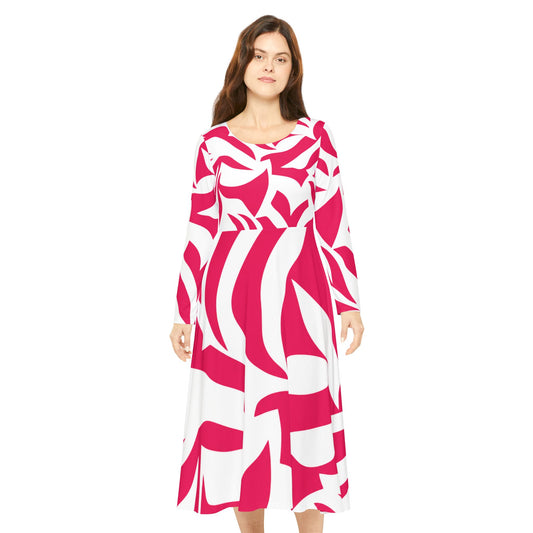 Pink Abstract Floral Dance Dress — Women's Long Sleeve Twirl Dress