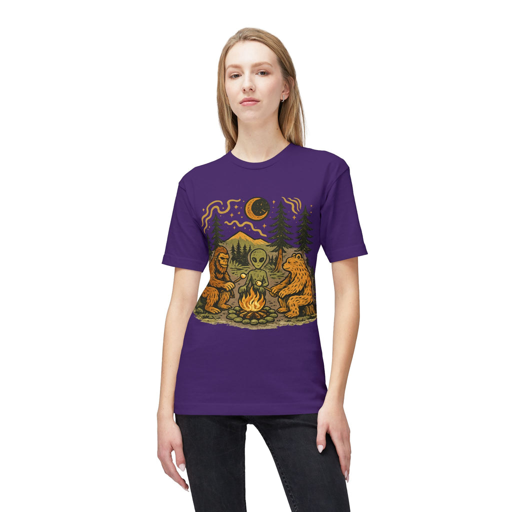Alien Campfire Tee — Bigfoot & Bear Night Camp Graphic T-Shirt