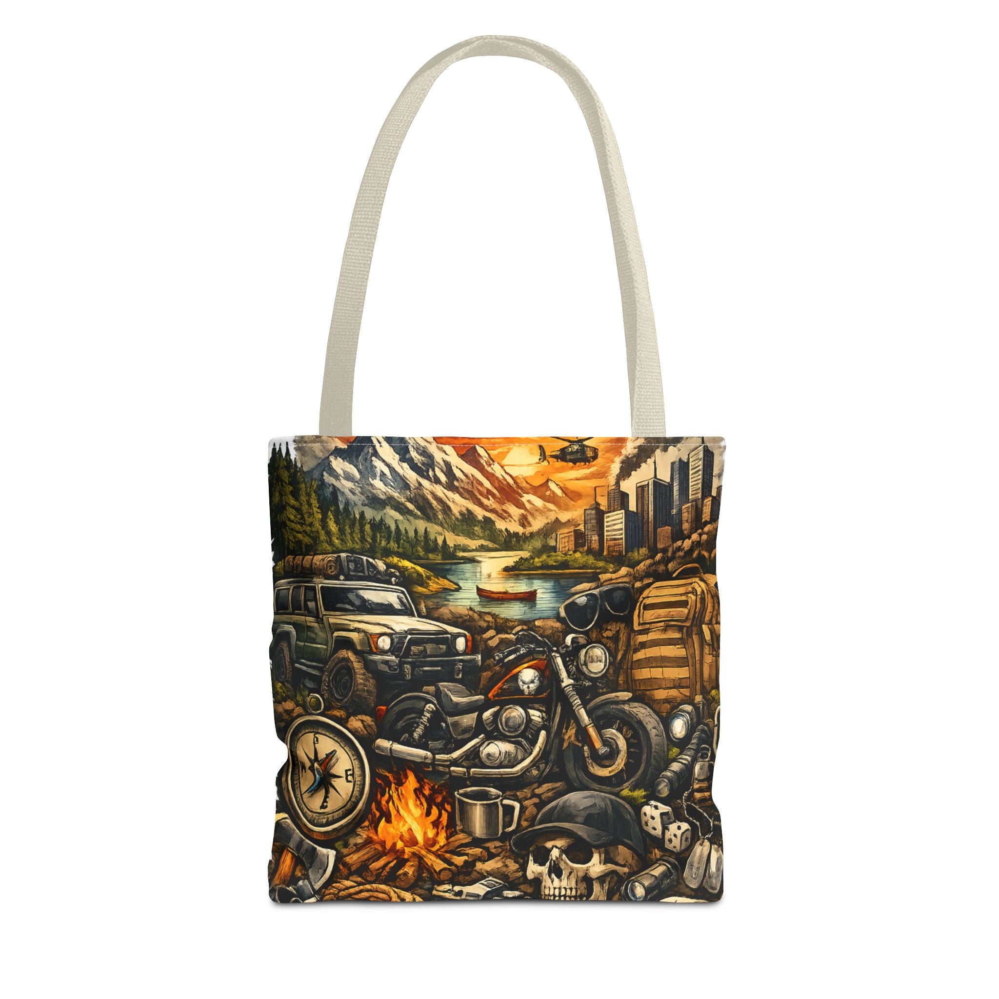 Adventure Motorcycle Tote Bag — Campfire Road Trip All-Over Print