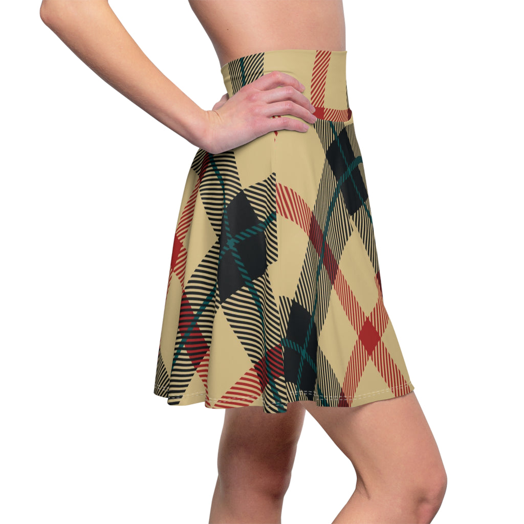 Plaid Skater Skirt — Vintage Beige & Red Tartan AOP