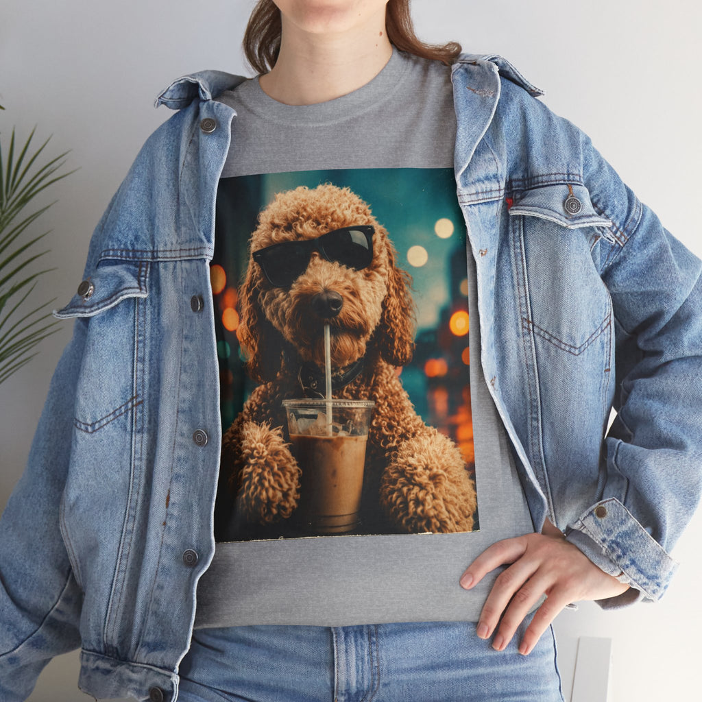 Dog with Coffee T-Shirt — Cool Poodle Drinking Iced Coffee Graphic Tee