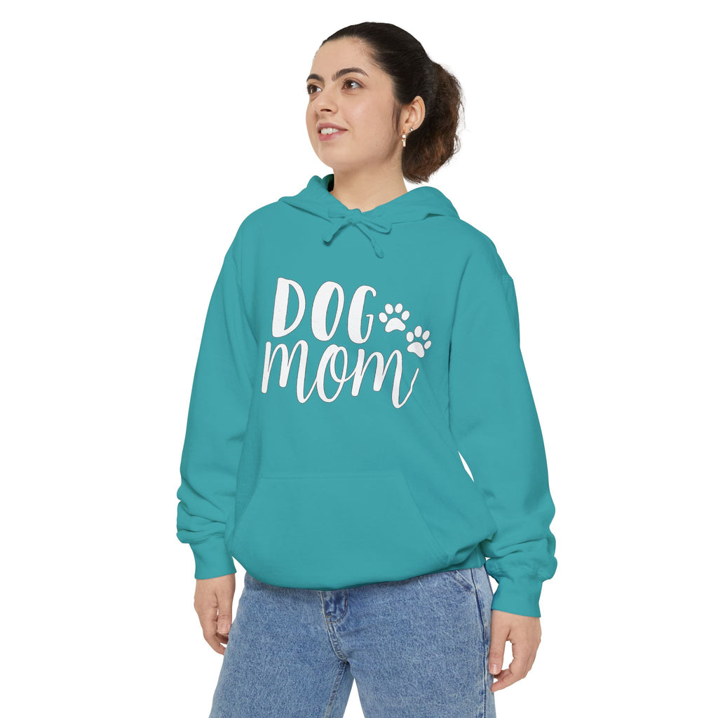 Dog Mom Hoodie — Cozy Garment-Dyed Pullover with Paw Print Script
