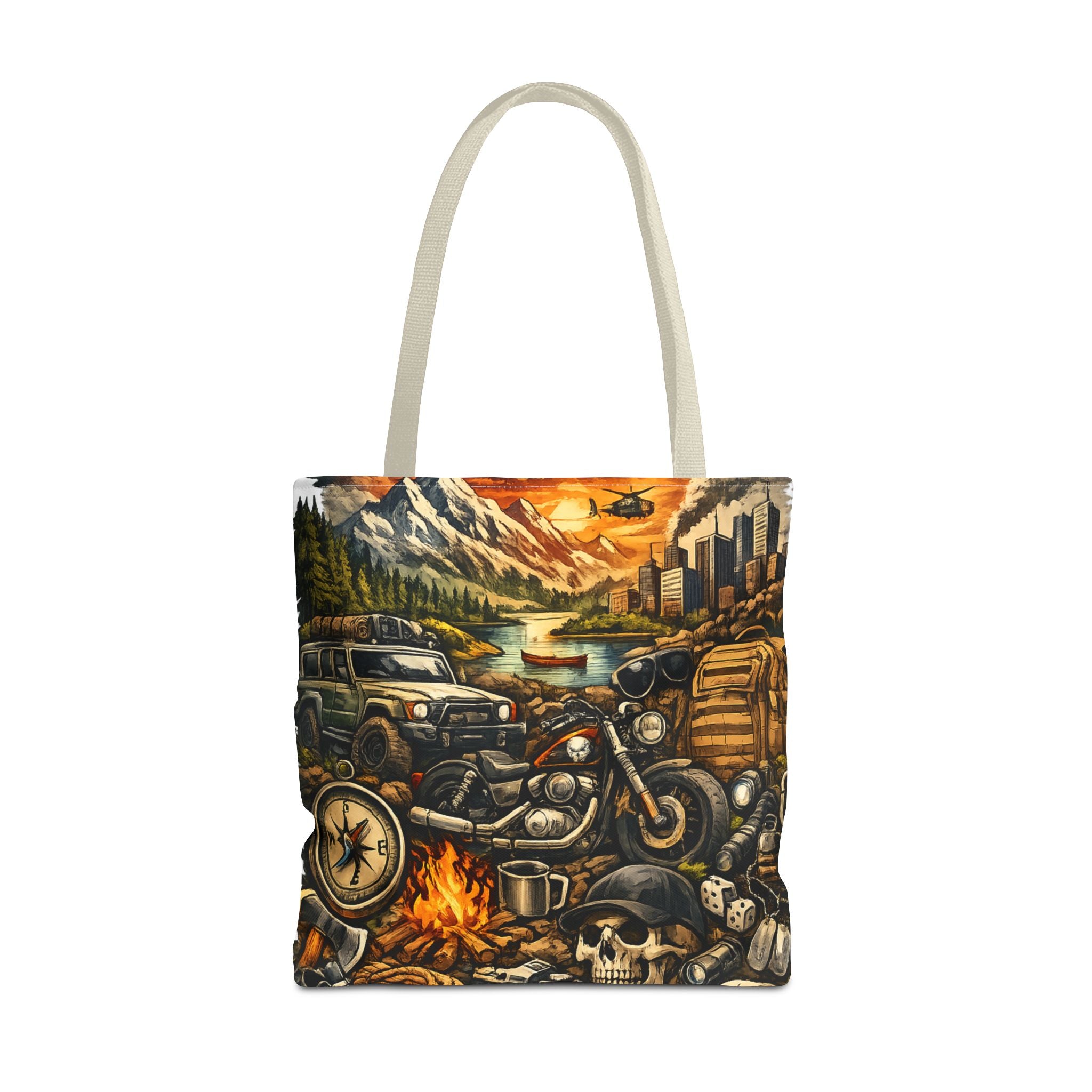 Adventure Motorcycle Tote Bag — Campfire Road Trip All-Over Print