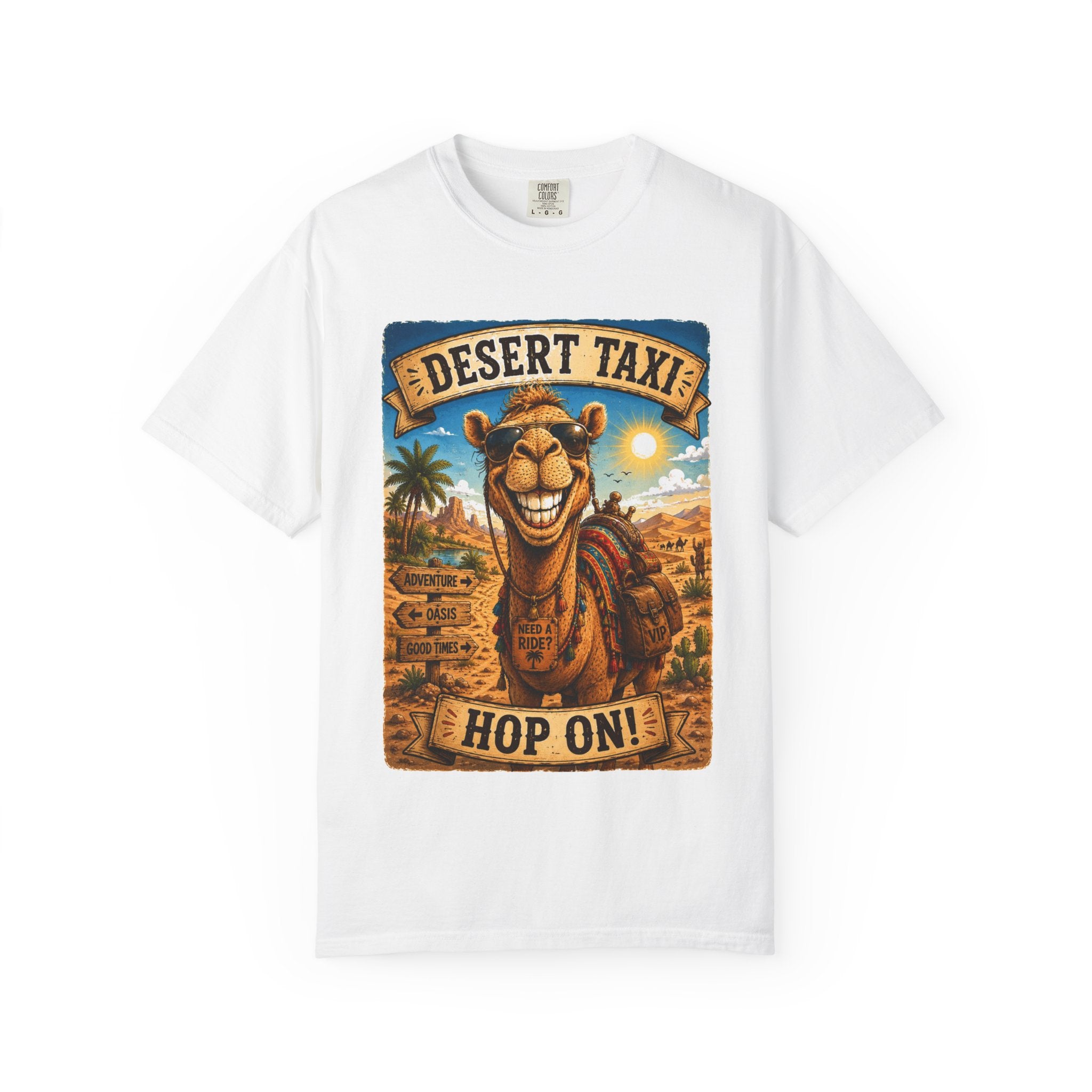 Desert Taxi Camel T-Shirt — 'Hop On!' Retro Desert Travel Tee