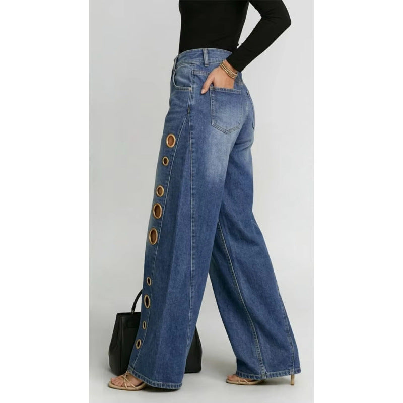 New jeans for women, metal eyelet design, casual loose high-waisted wide-leg jeans