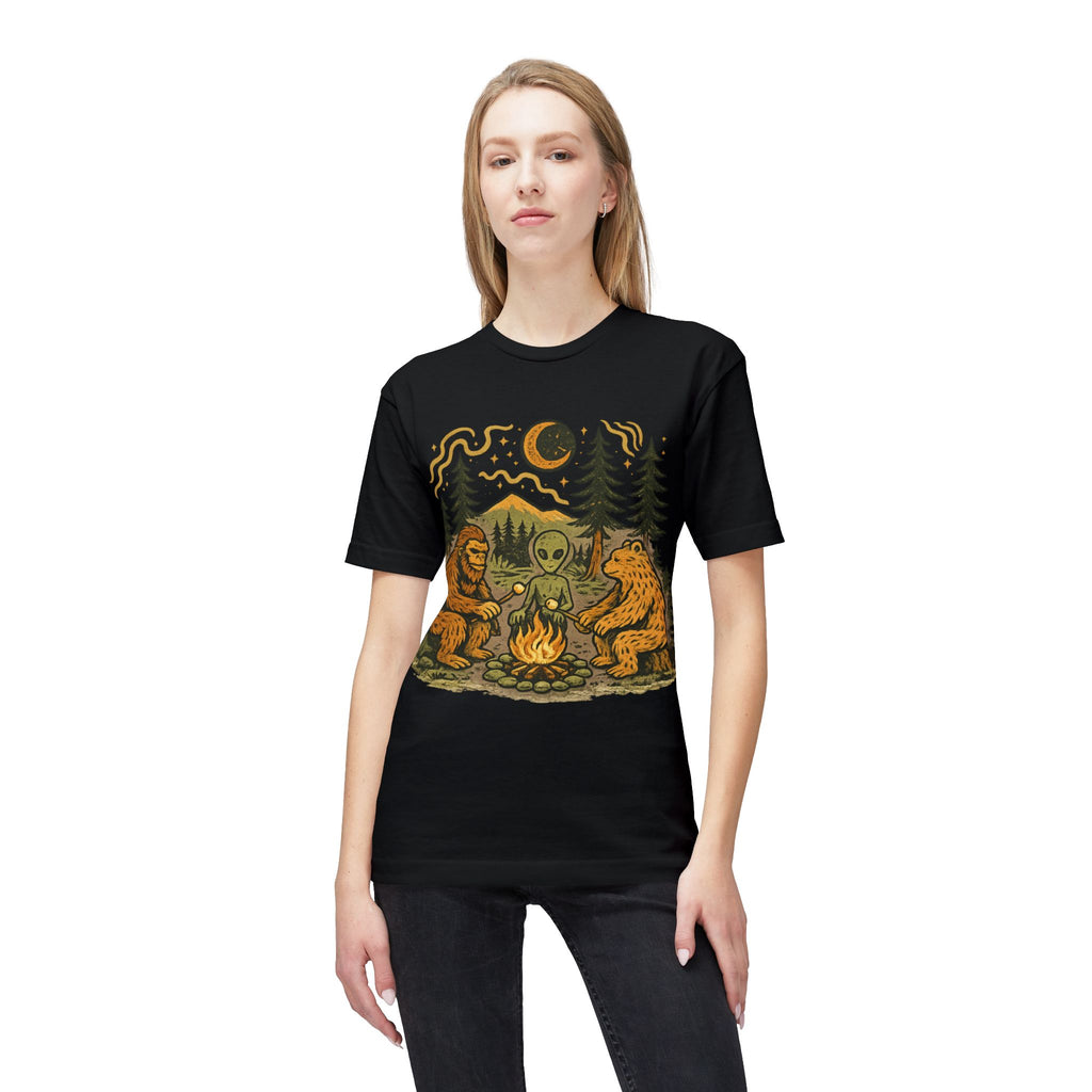 Alien Campfire Tee — Bigfoot & Bear Night Camp Graphic T-Shirt
