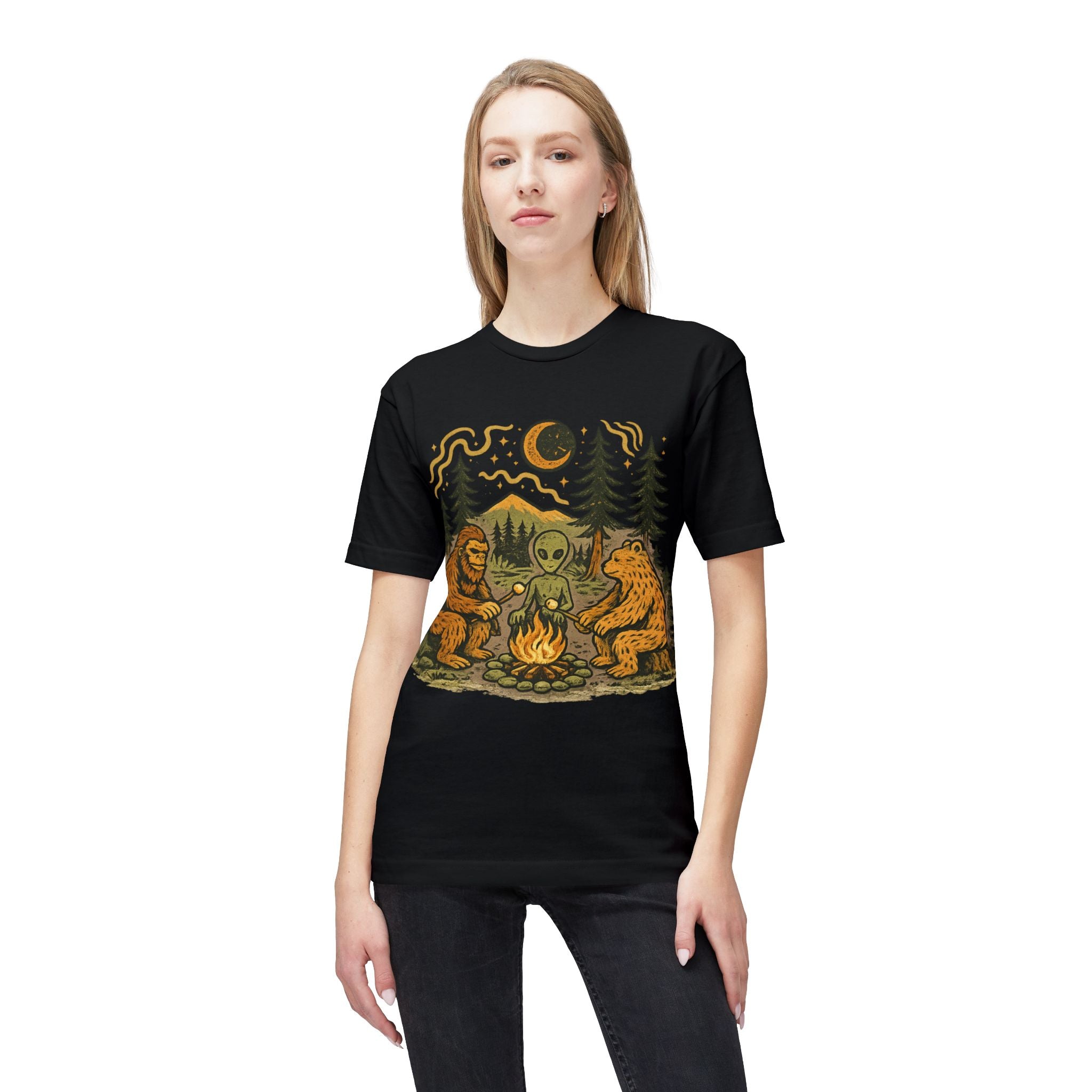 Alien Campfire Tee — Bigfoot & Bear Night Camp Graphic T-Shirt