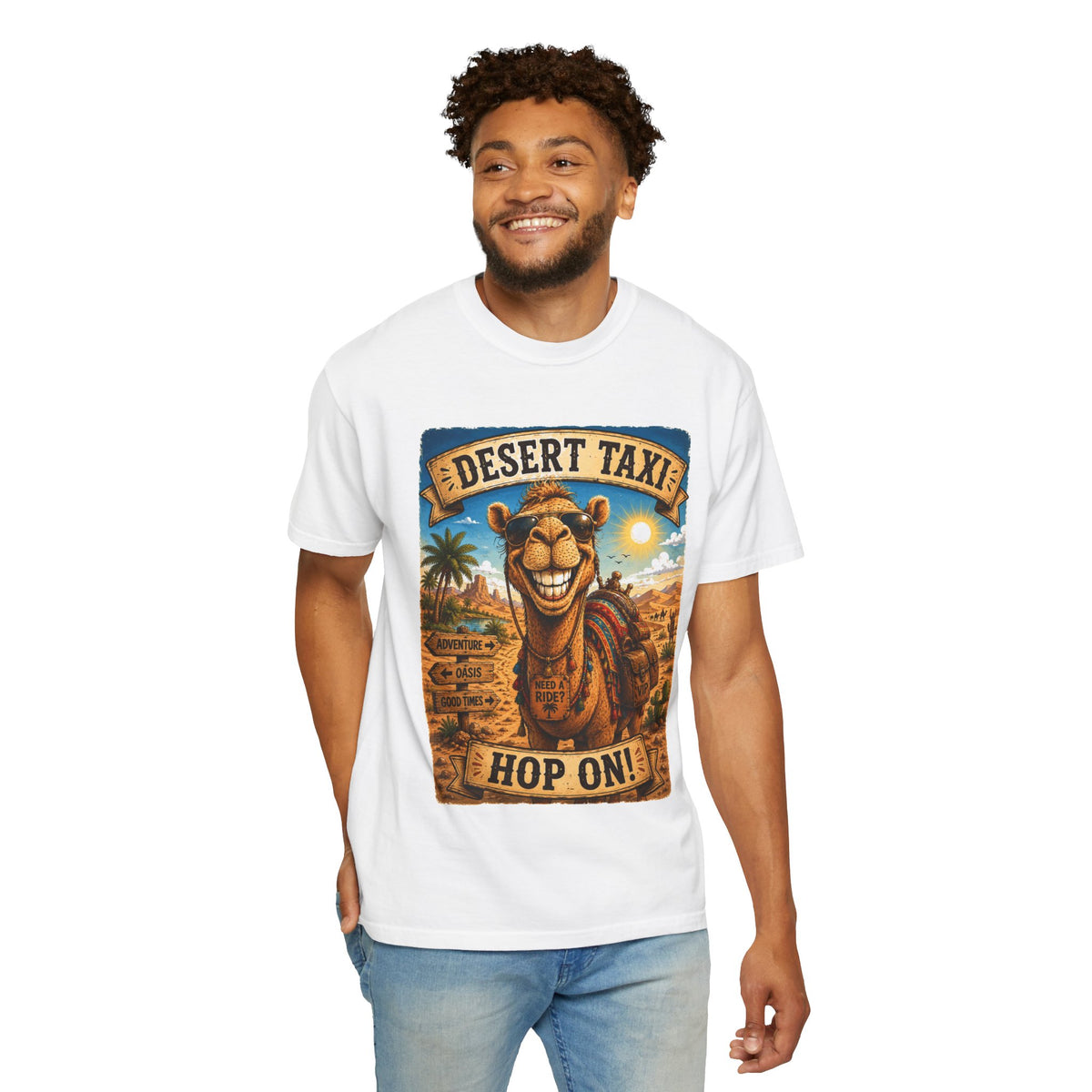 Desert Taxi Camel T-Shirt — 'Hop On!' Retro Desert Travel Tee