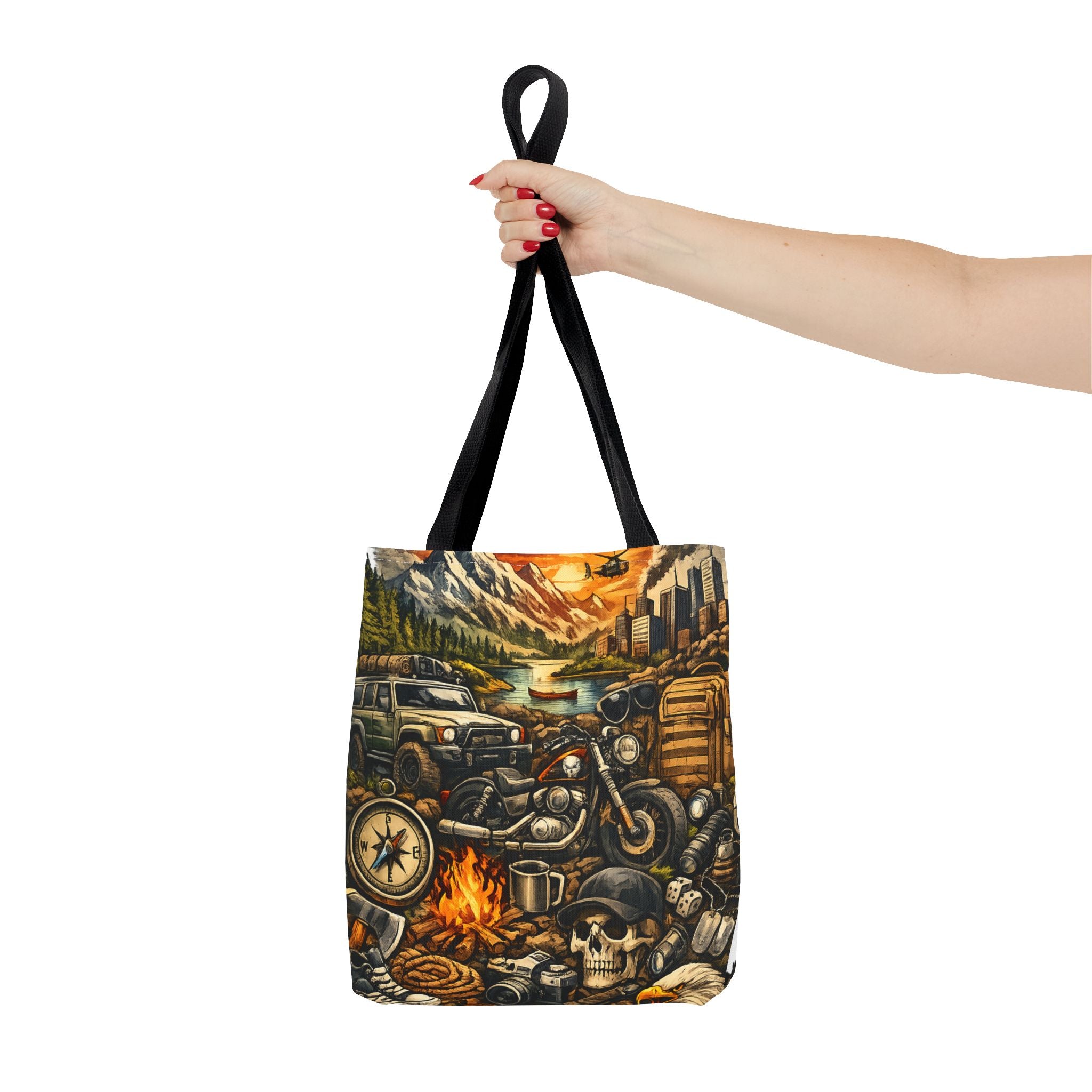 Adventure Motorcycle Tote Bag — Campfire Road Trip All-Over Print