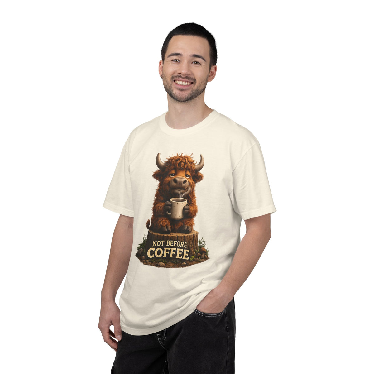 T-Shirt — Cute Highland Cow 'Not Before Coffee' Graphic Tee