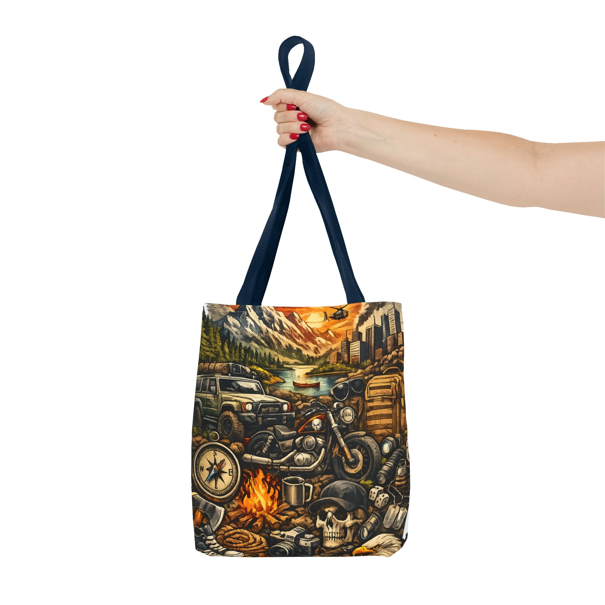 Adventure Motorcycle Tote Bag — Campfire Road Trip All-Over Print