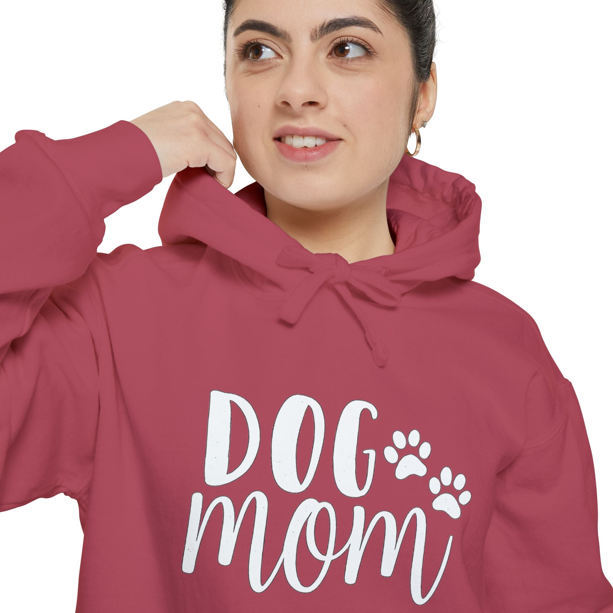 Dog Mom Hoodie — Cozy Garment-Dyed Pullover with Paw Print Script