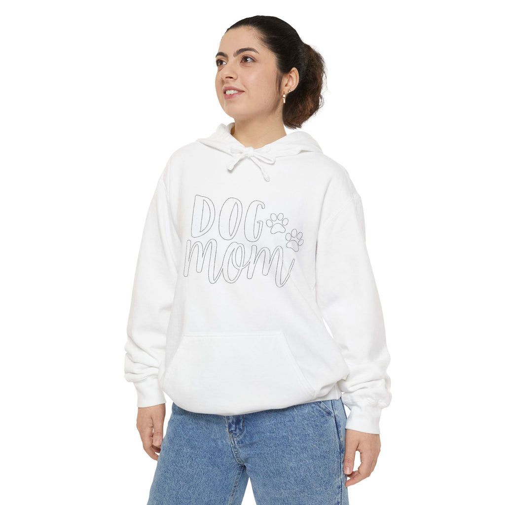 Dog Mom Hoodie — Cozy Garment-Dyed Pullover with Paw Print Script