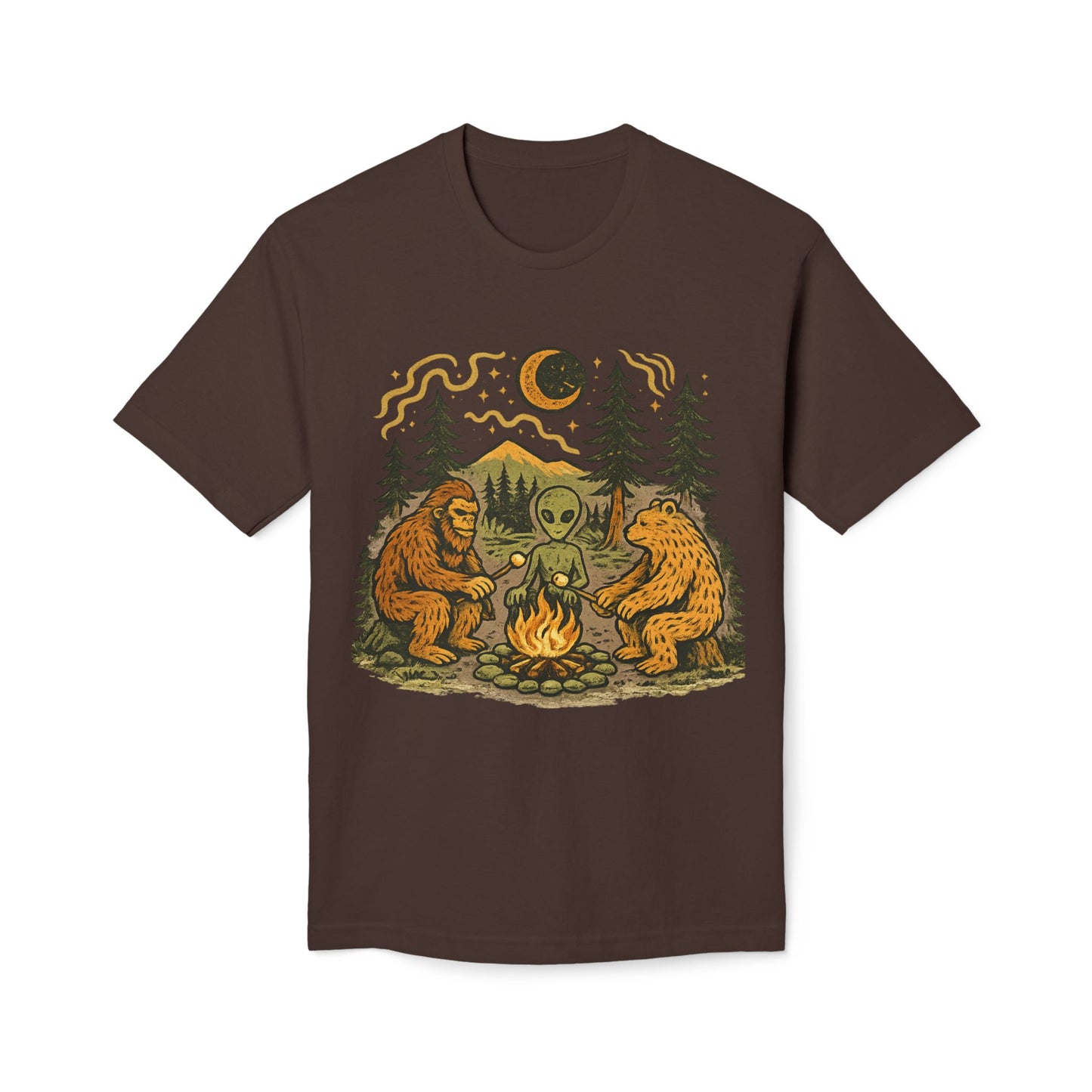 Alien Campfire Tee — Bigfoot & Bear Night Camp Graphic T-Shirt