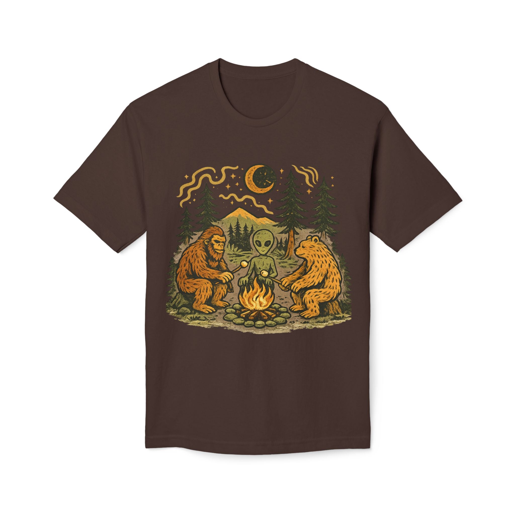 Alien Campfire Tee — Bigfoot & Bear Night Camp Graphic T-Shirt