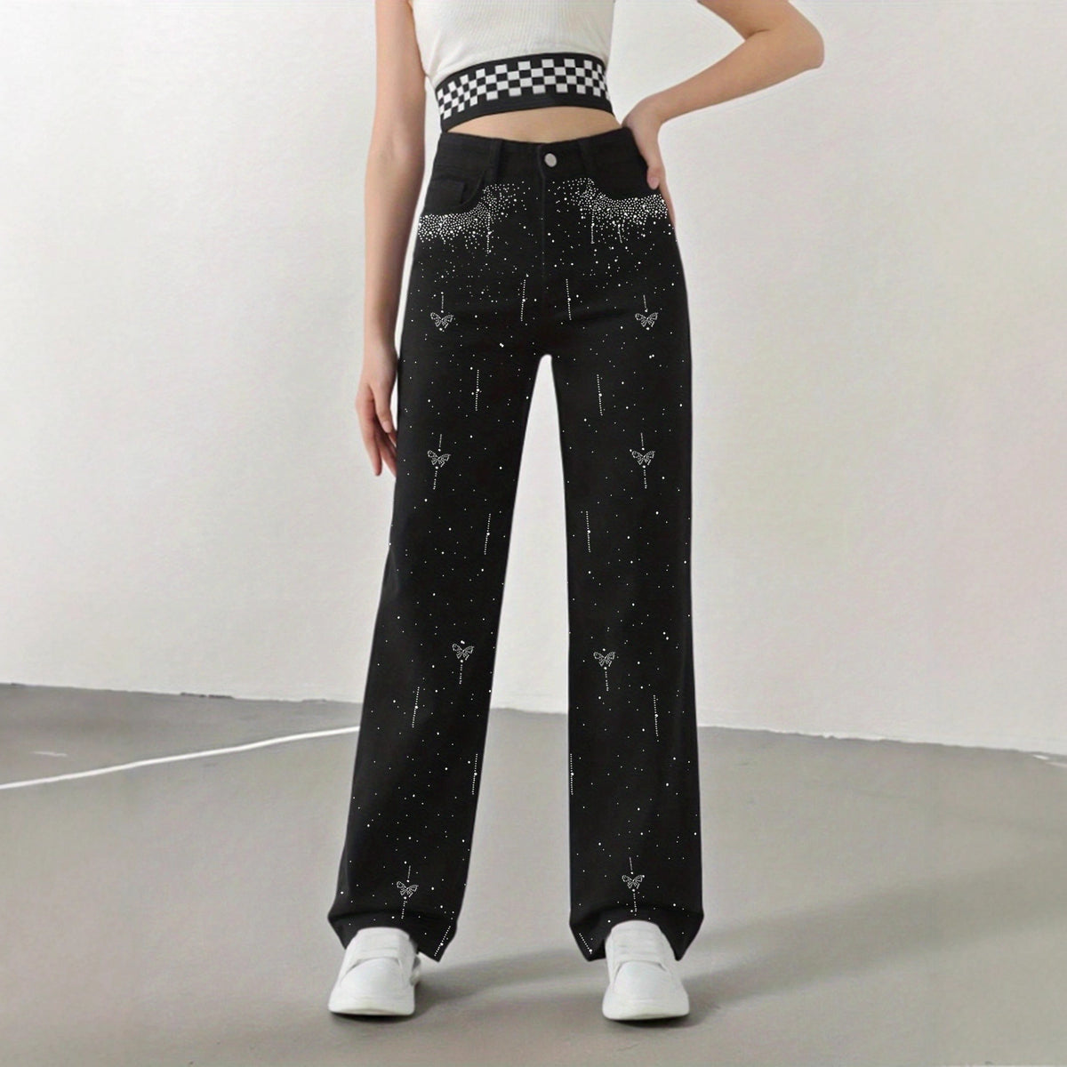 Jeans with Rhinestones Women High Waist Slimming Wide Leg Jeans  Jeans