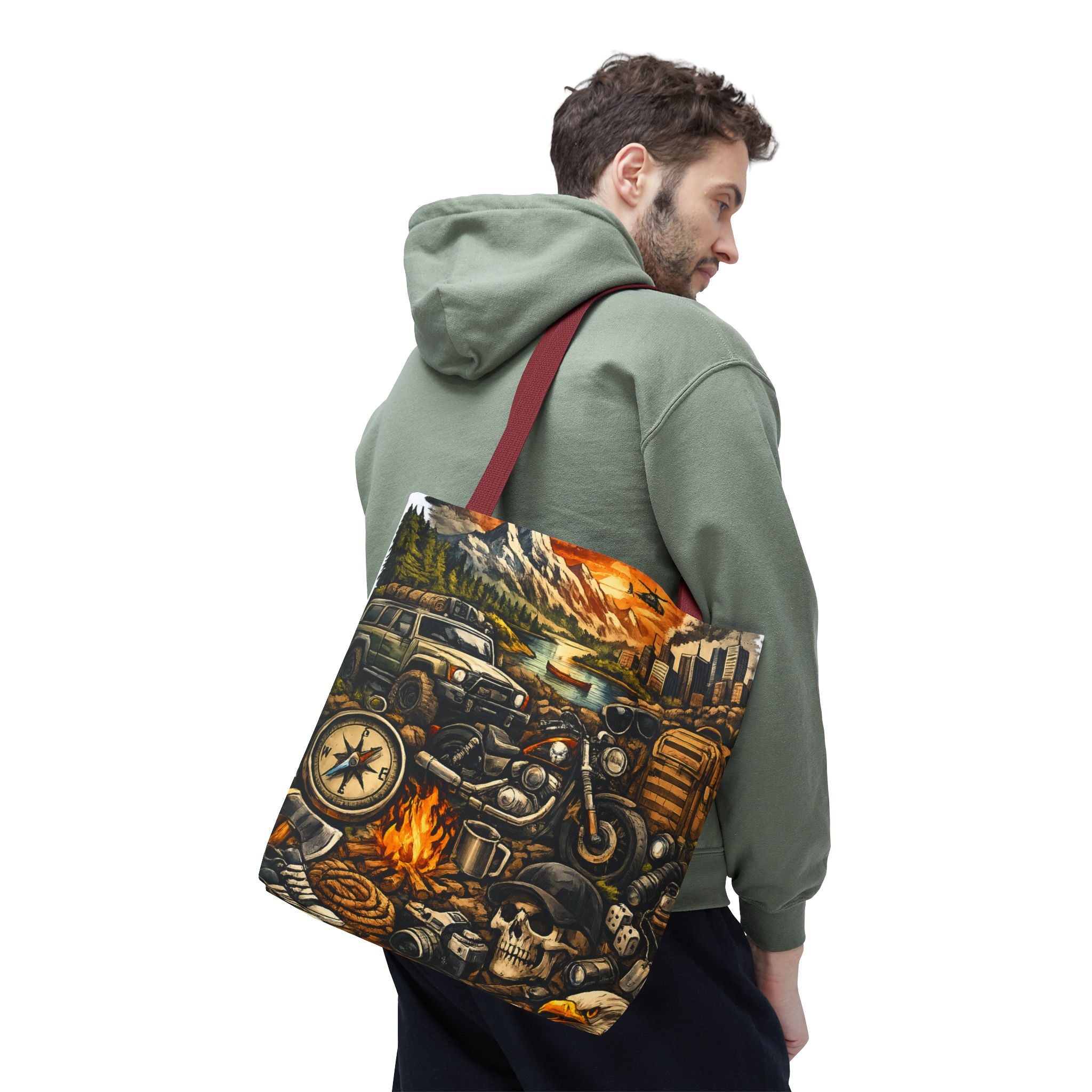 Adventure Motorcycle Tote Bag — Campfire Road Trip All-Over Print