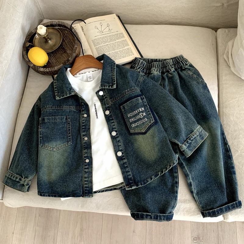 Two piece set of children's and baby's denim clothing