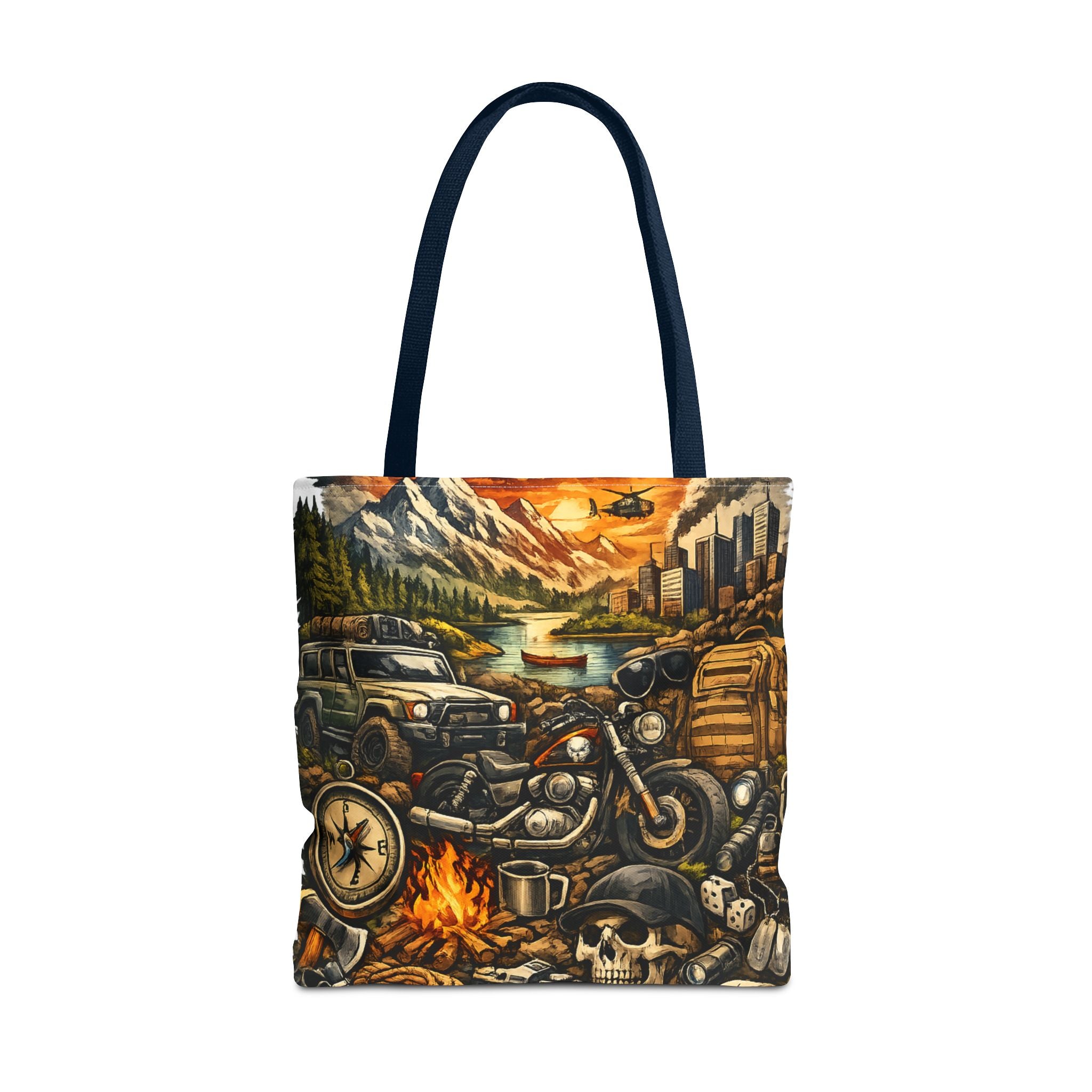 Adventure Motorcycle Tote Bag — Campfire Road Trip All-Over Print