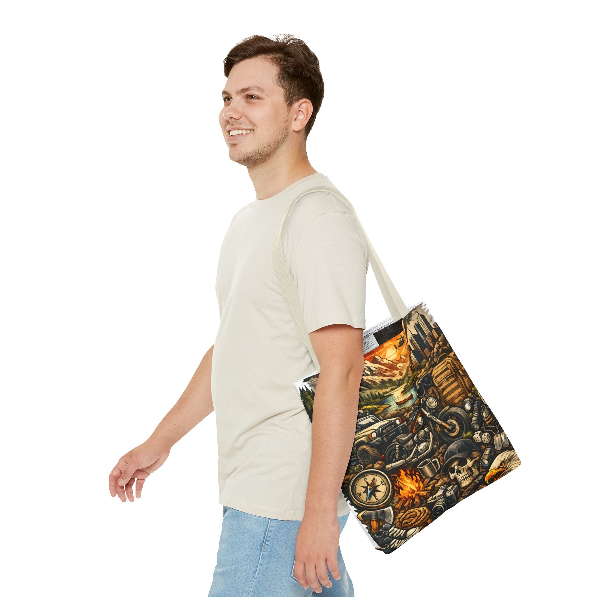 Adventure Motorcycle Tote Bag — Campfire Road Trip All-Over Print