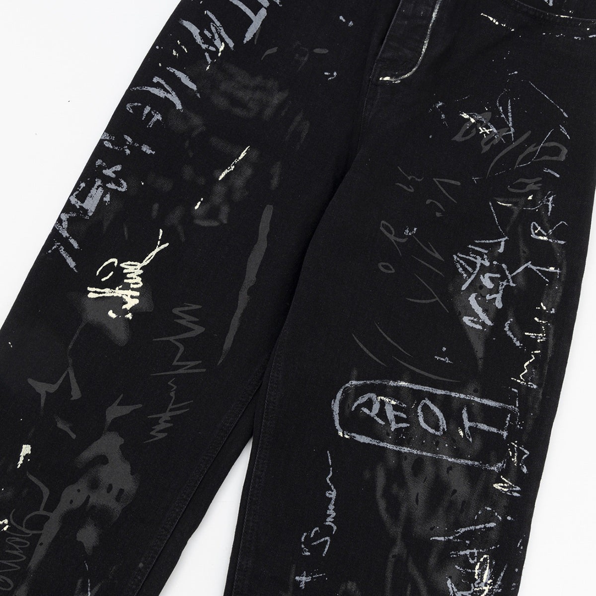 Graffiti washed denim jeans for men and women