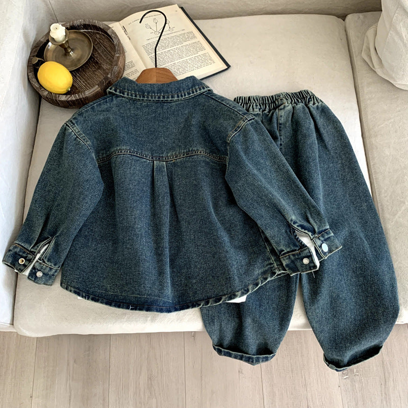 Two piece set of children's and baby's denim clothing