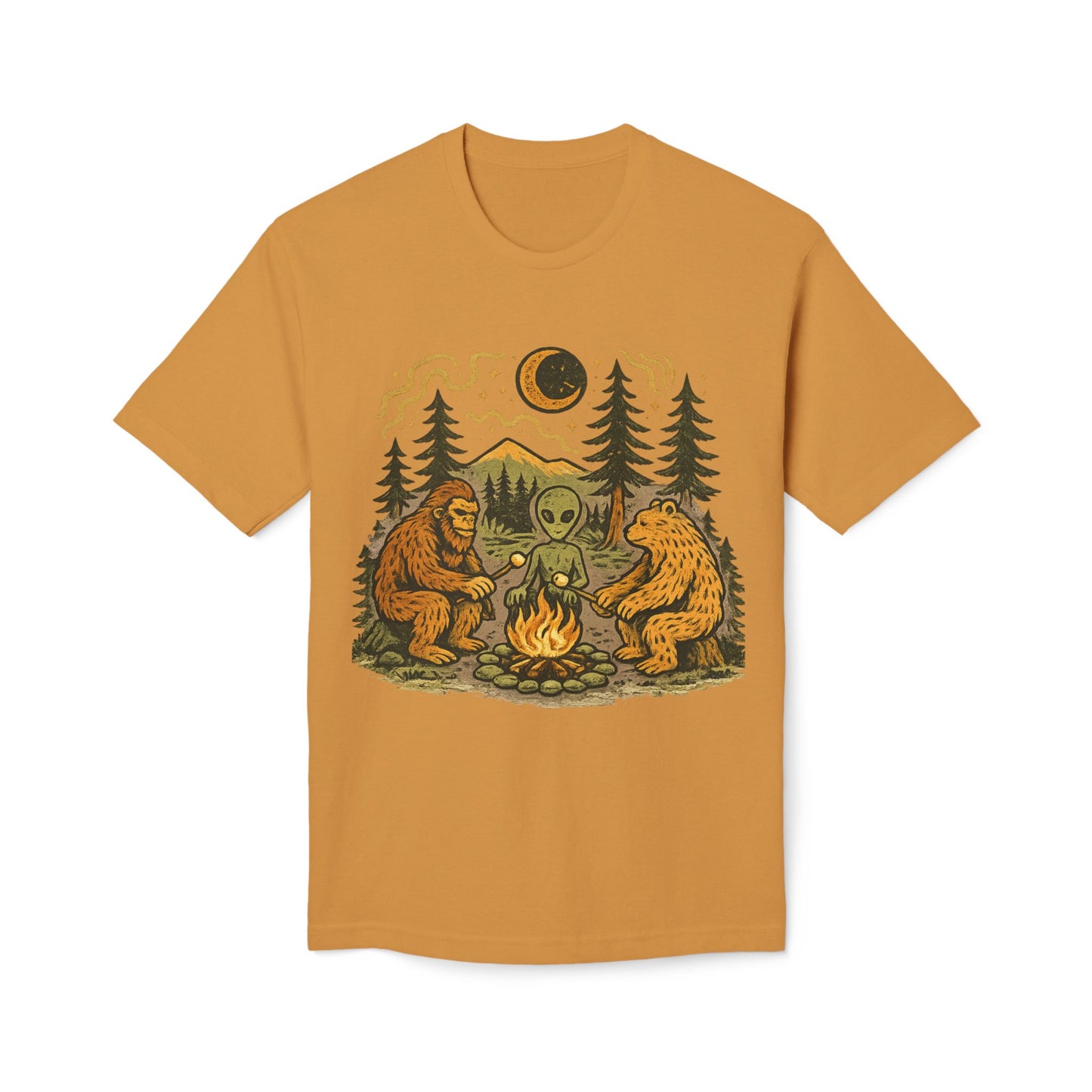 Alien Campfire Tee — Bigfoot & Bear Night Camp Graphic T-Shirt