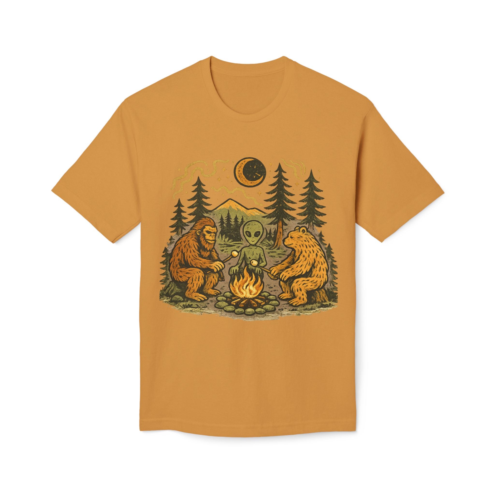 Alien Campfire Tee — Bigfoot & Bear Night Camp Graphic T-Shirt
