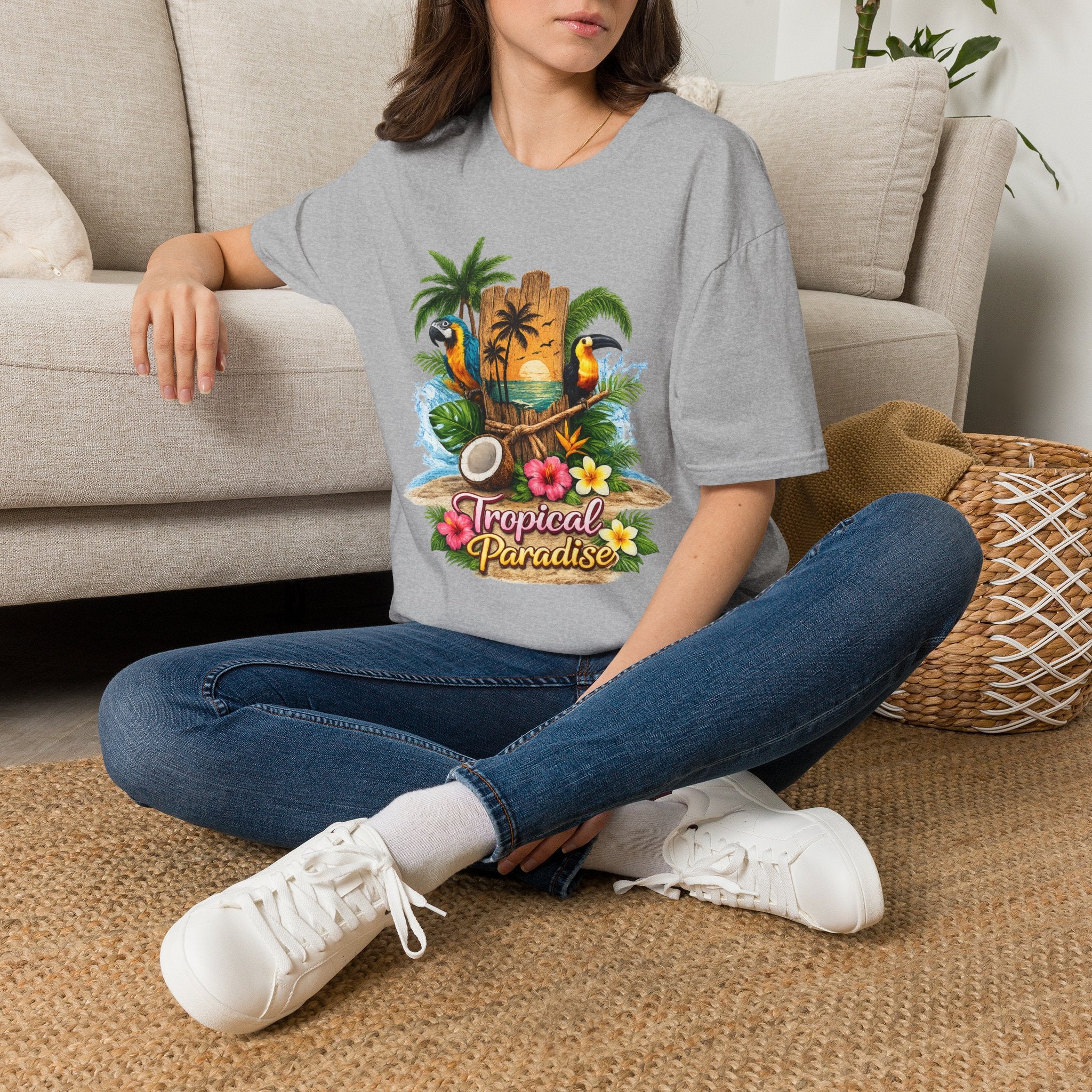 T-Shirt — Tropical Paradise Parrots Beach Graphic Tee