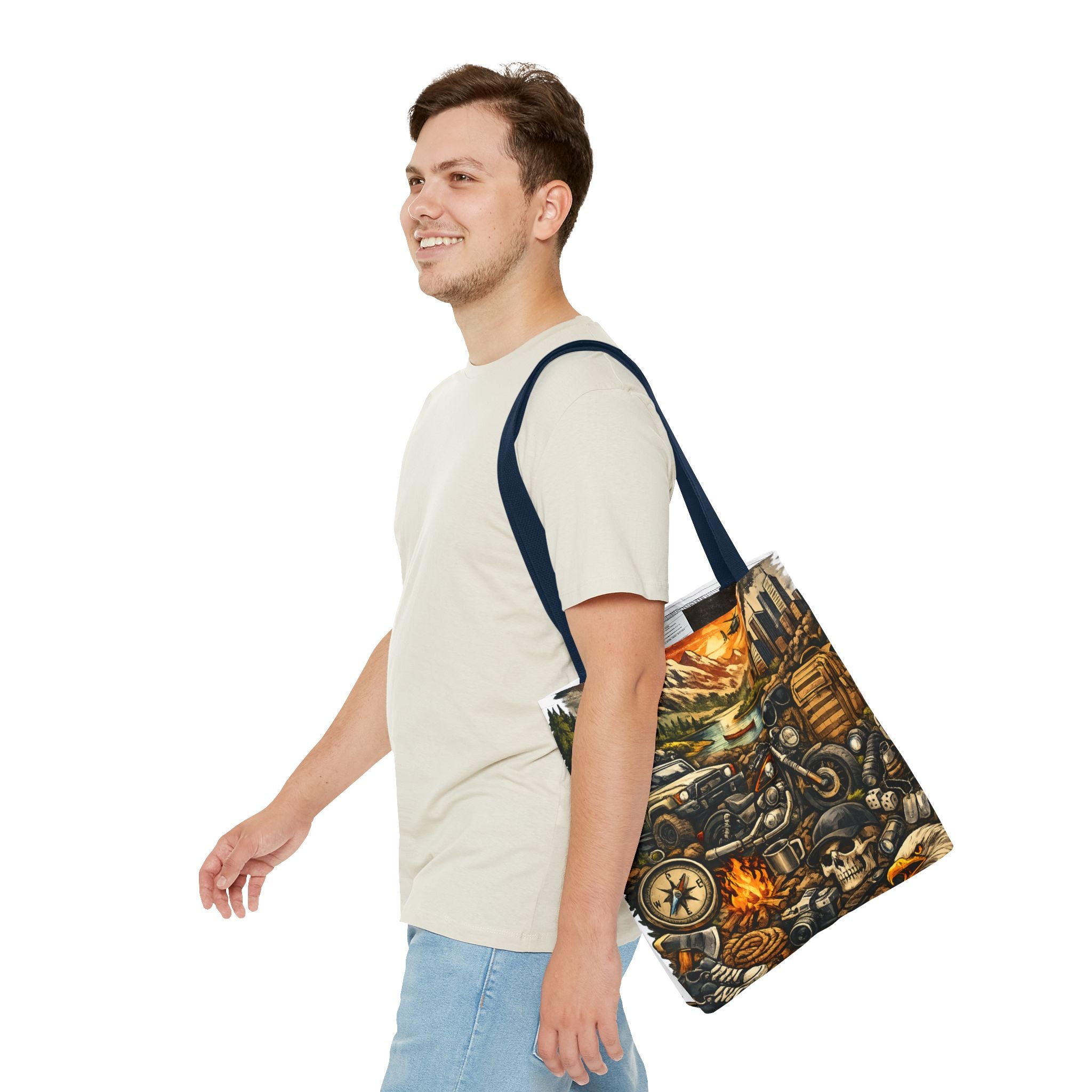 Adventure Motorcycle Tote Bag — Campfire Road Trip All-Over Print